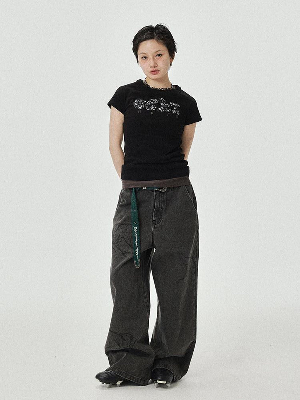 Achihara Washed Gray Distressed Floor Length Casual Women'S Denim Wide-Leg Jeans