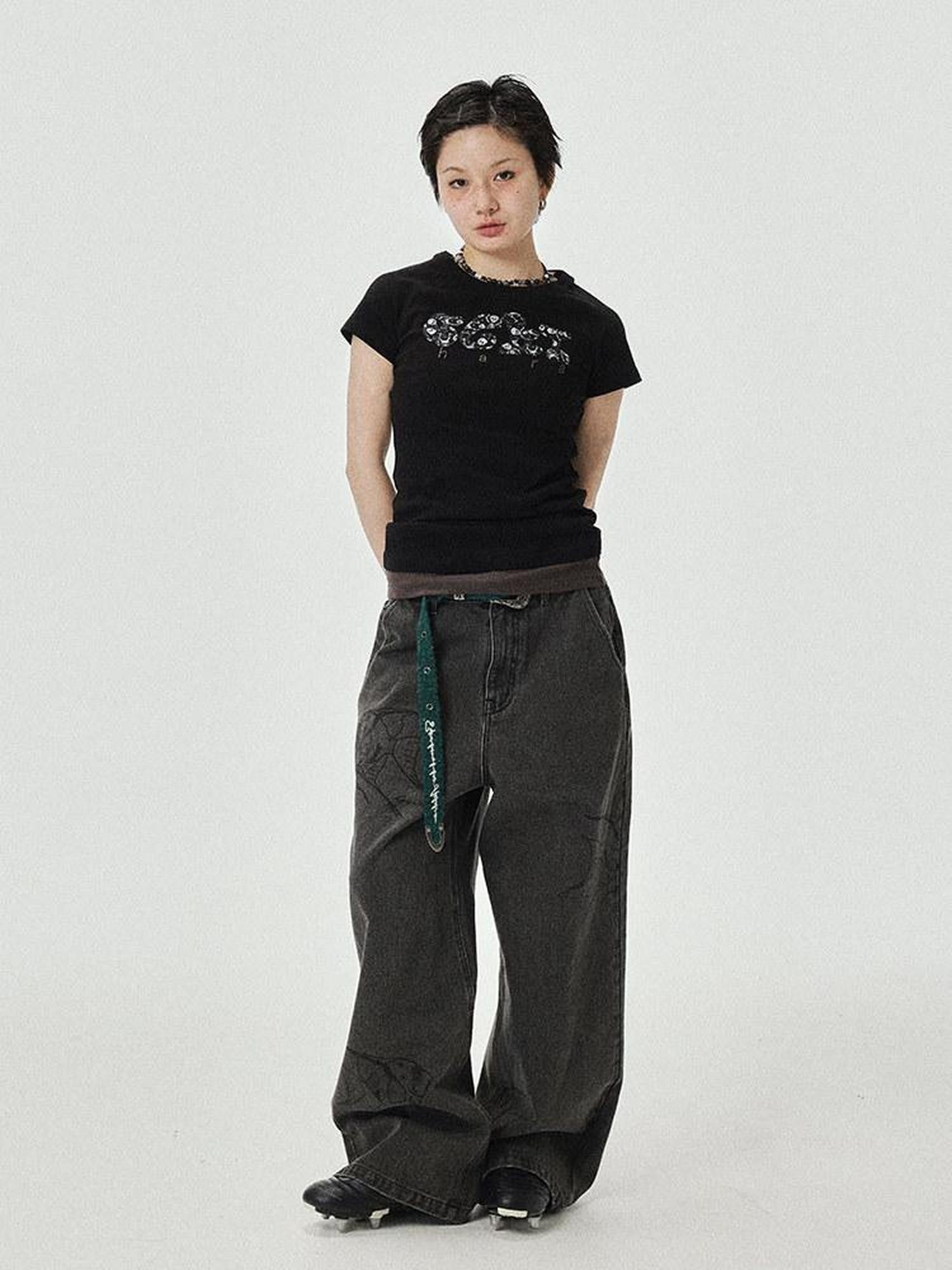 Achihara Washed Gray Distressed Floor Length Casual Women'S Denim Wide-Leg Jeans