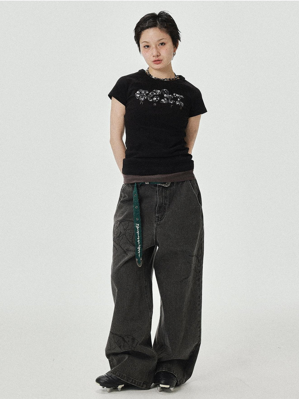 Achihara Washed Gray Distressed Floor Length Casual Women'S Denim Wide-Leg Jeans