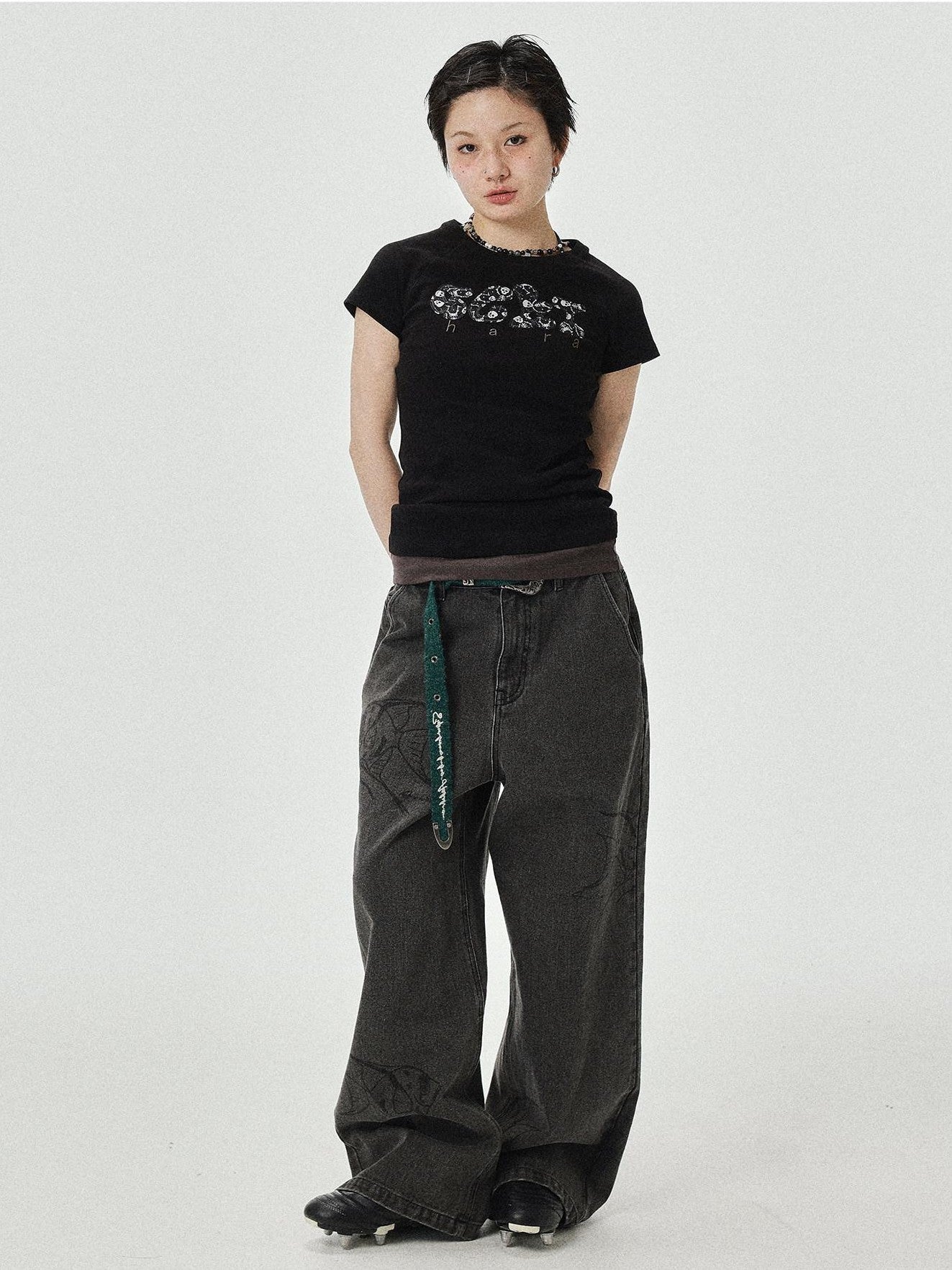 Achihara Washed Gray Distressed Floor Length Casual Women'S Denim Wide-Leg Jeans