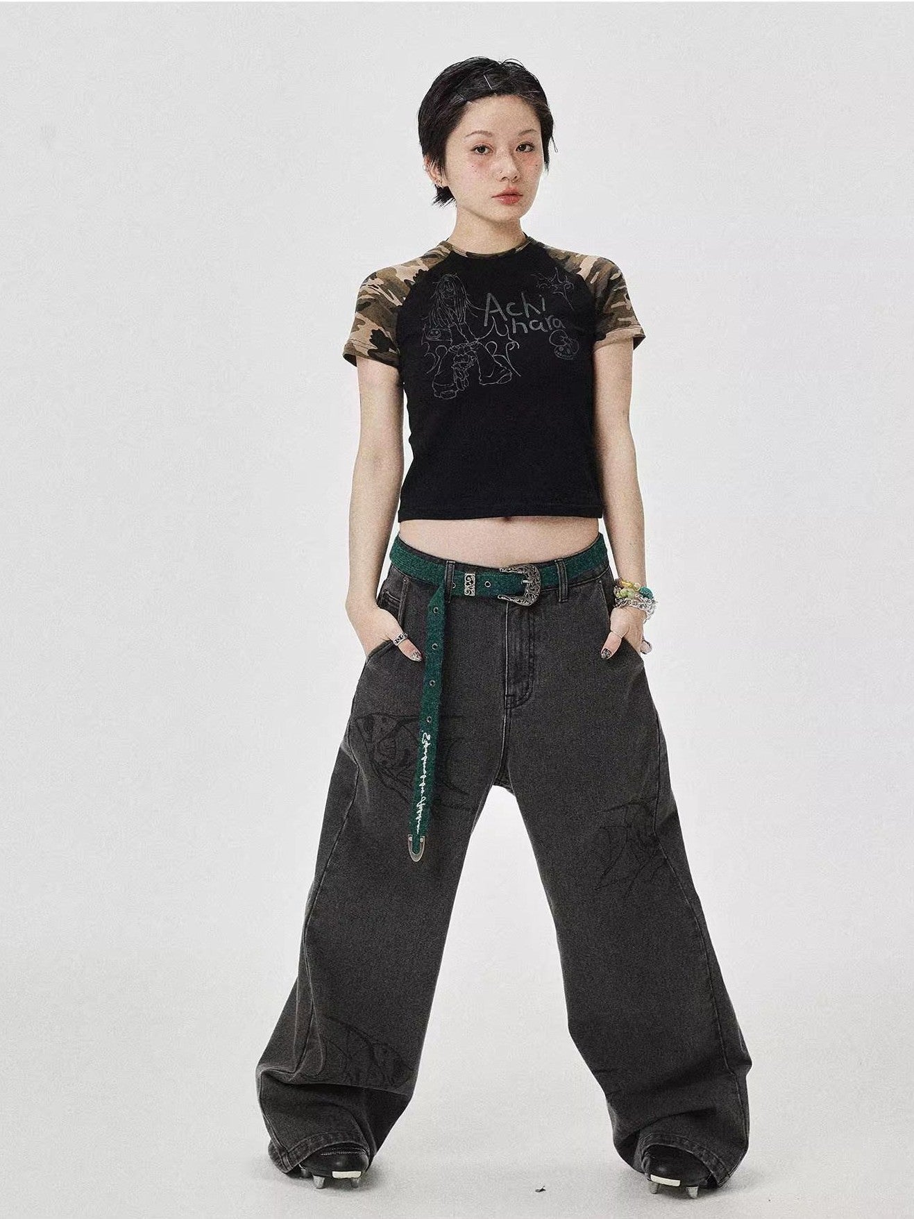Achihara Washed Gray Distressed Floor Length Casual Women'S Denim Wide-Leg Jeans