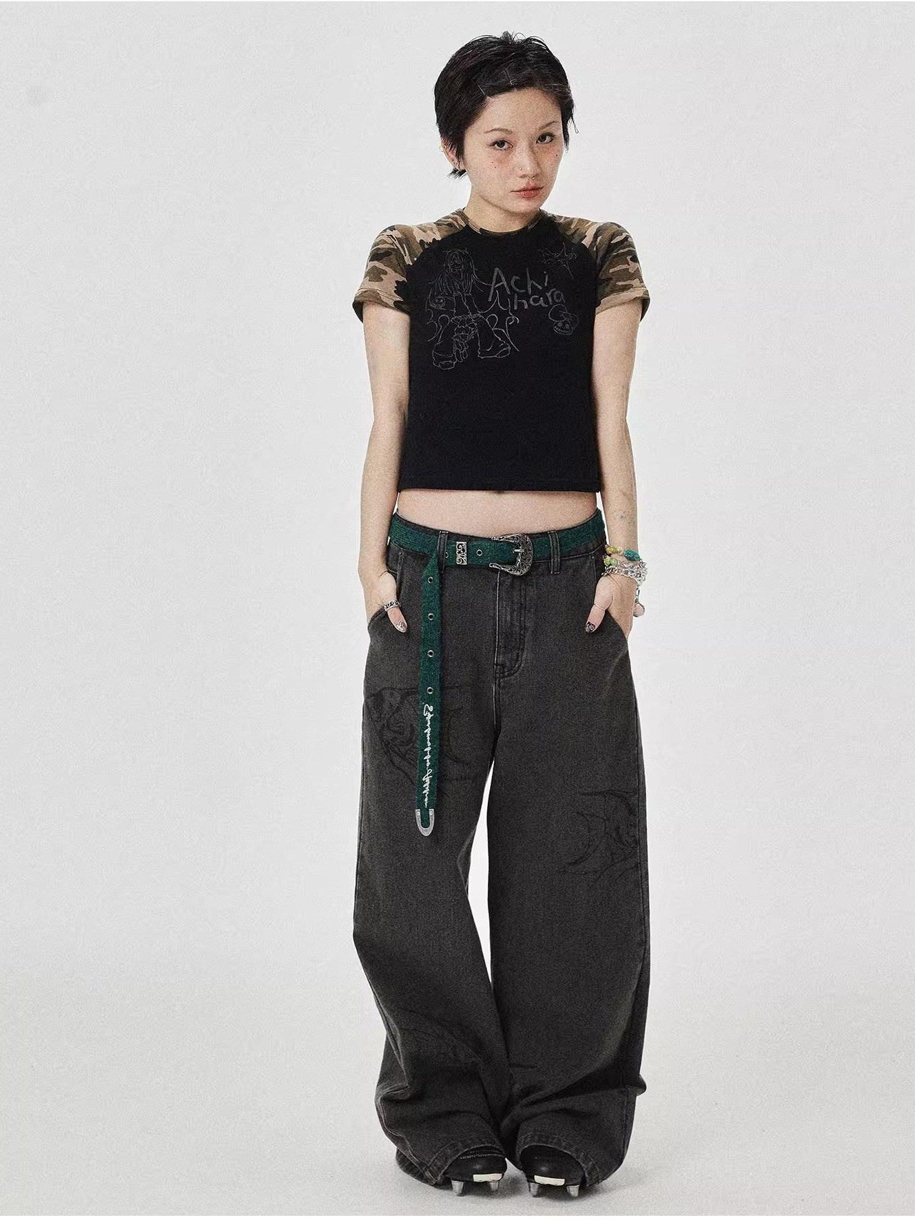 Achihara Washed Gray Distressed Floor Length Casual Women'S Denim Wide-Leg Jeans