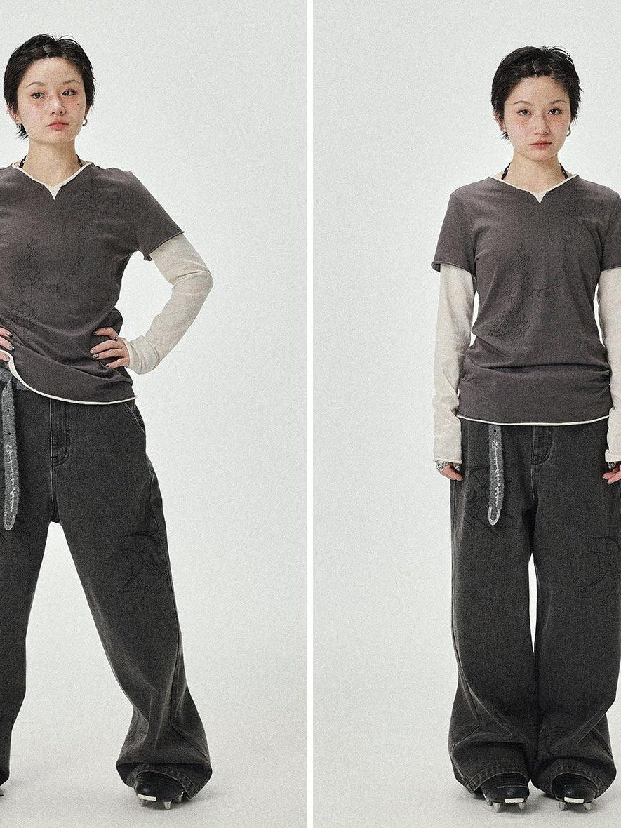 Achihara Washed Gray Distressed Floor Length Casual Women'S Denim Wide-Leg Jeans