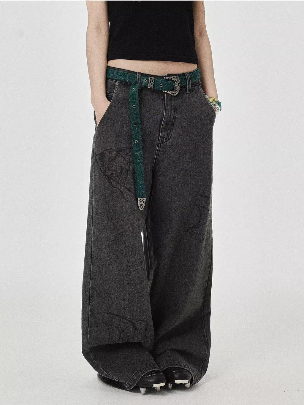 Achihara Washed Gray Distressed Floor Length Casual Women'S Denim Wide-Leg Jeans