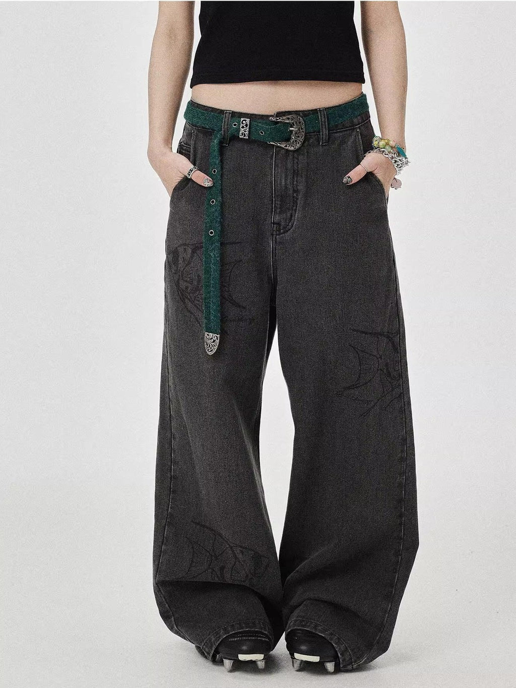 Achihara Washed Gray Distressed Floor Length Casual Women'S Denim Wide-Leg Jeans