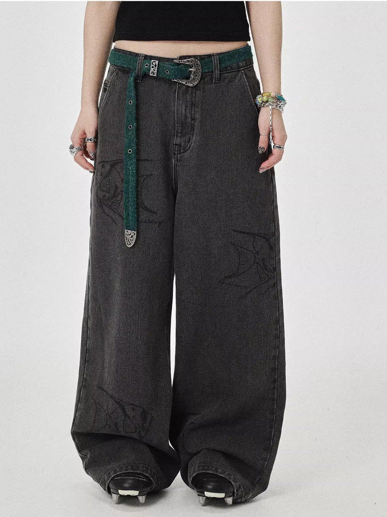 Achihara Washed Gray Distressed Floor Length Casual Women'S Denim Wide-Leg Jeans