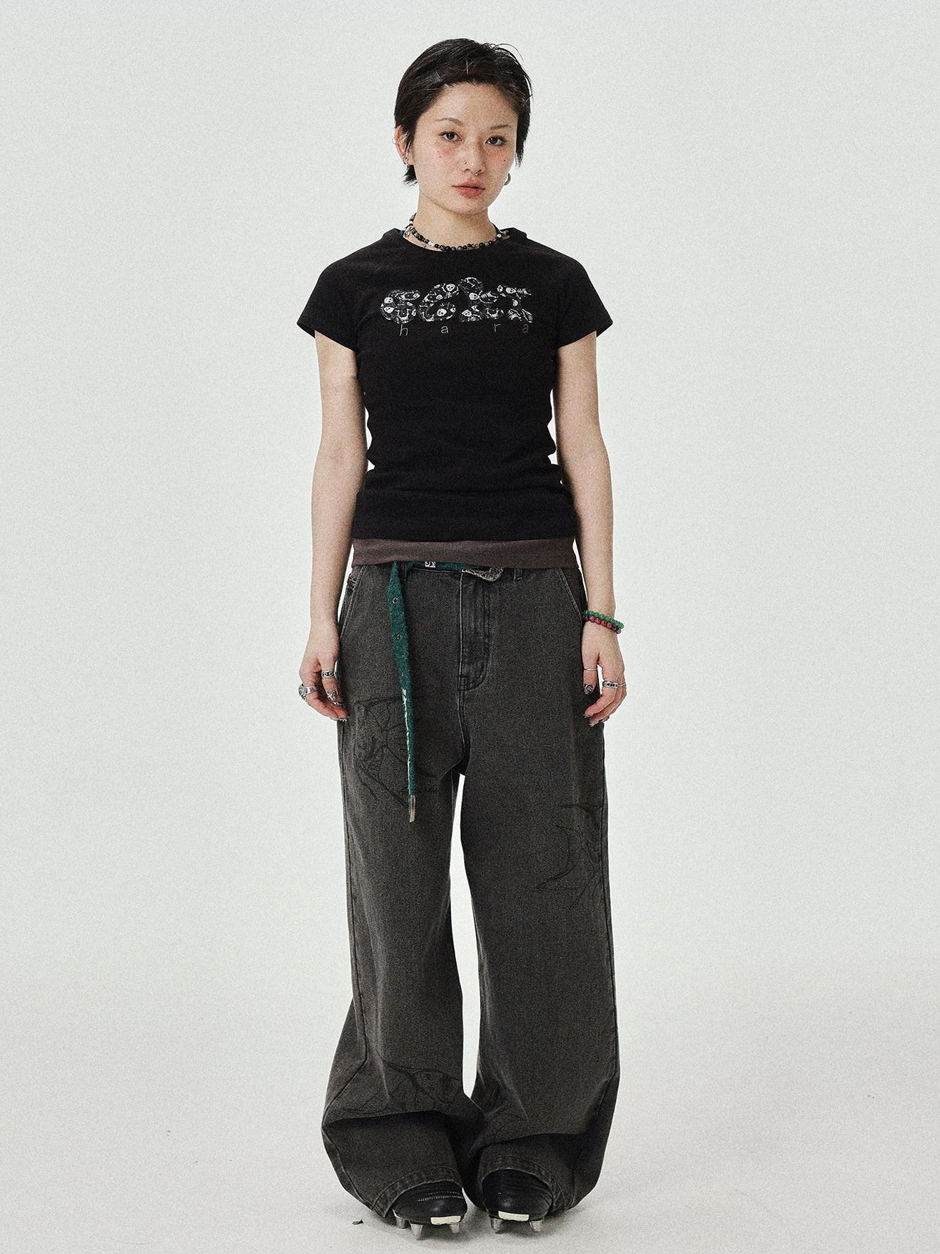 Achihara Washed Gray Distressed Floor Length Casual Women'S Denim Wide-Leg Jeans