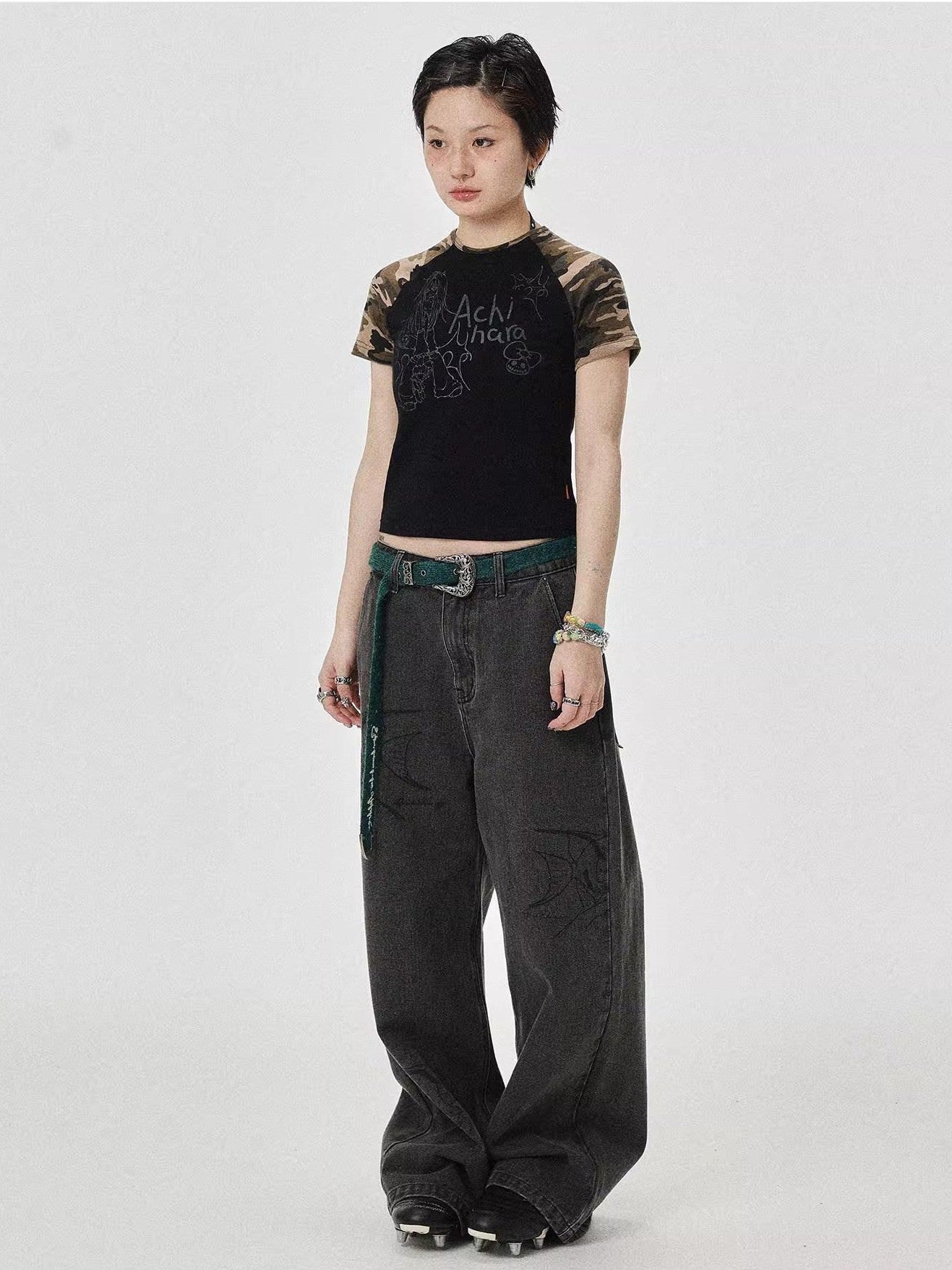 Achihara Washed Gray Distressed Floor Length Casual Women'S Denim Wide-Leg Jeans