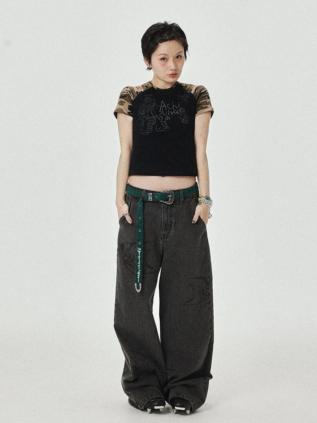 Achihara Washed Gray Distressed Floor Length Casual Women'S Denim Wide-Leg Jeans