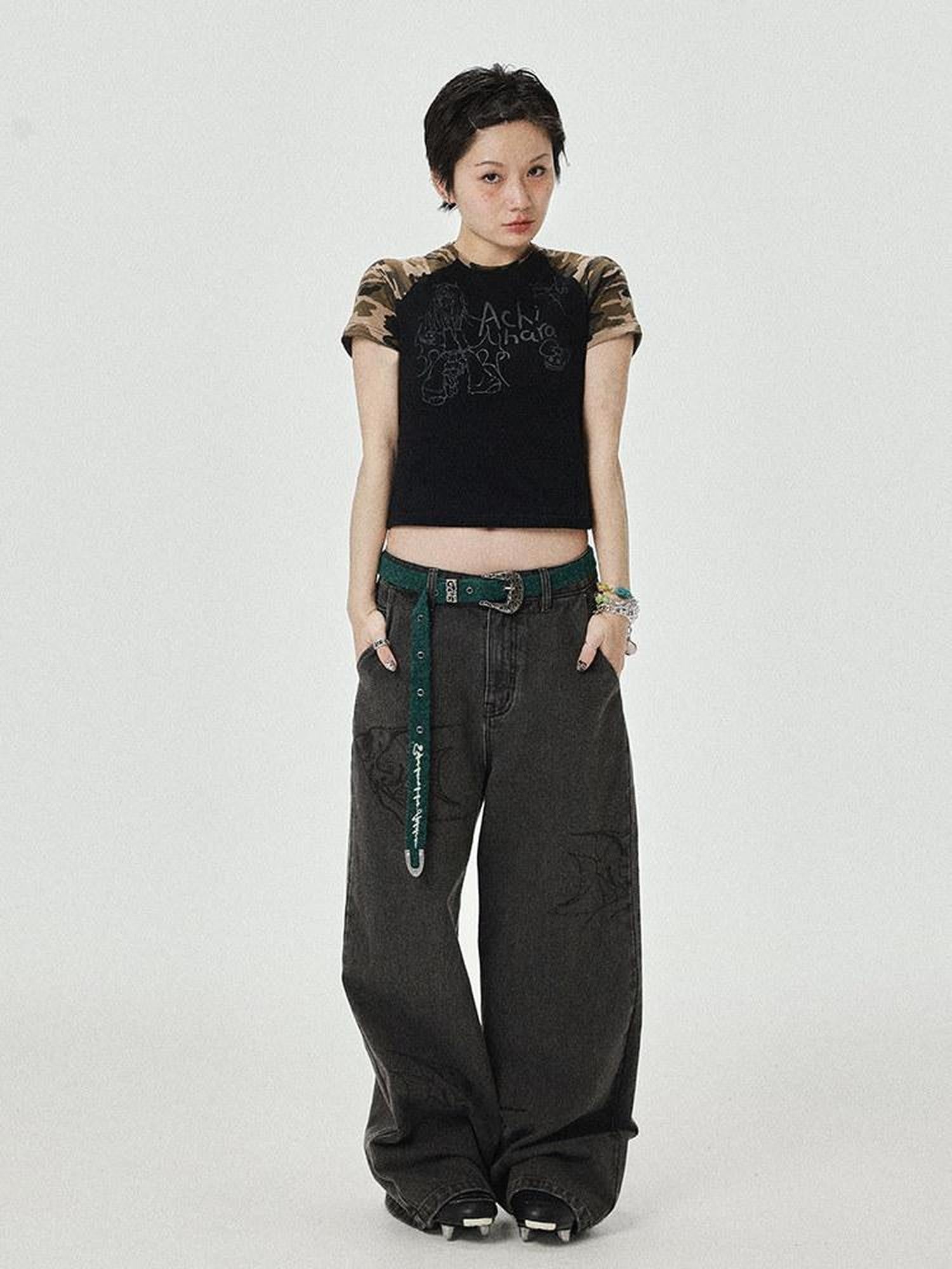 Achihara Washed Gray Distressed Floor Length Casual Women'S Denim Wide-Leg Jeans