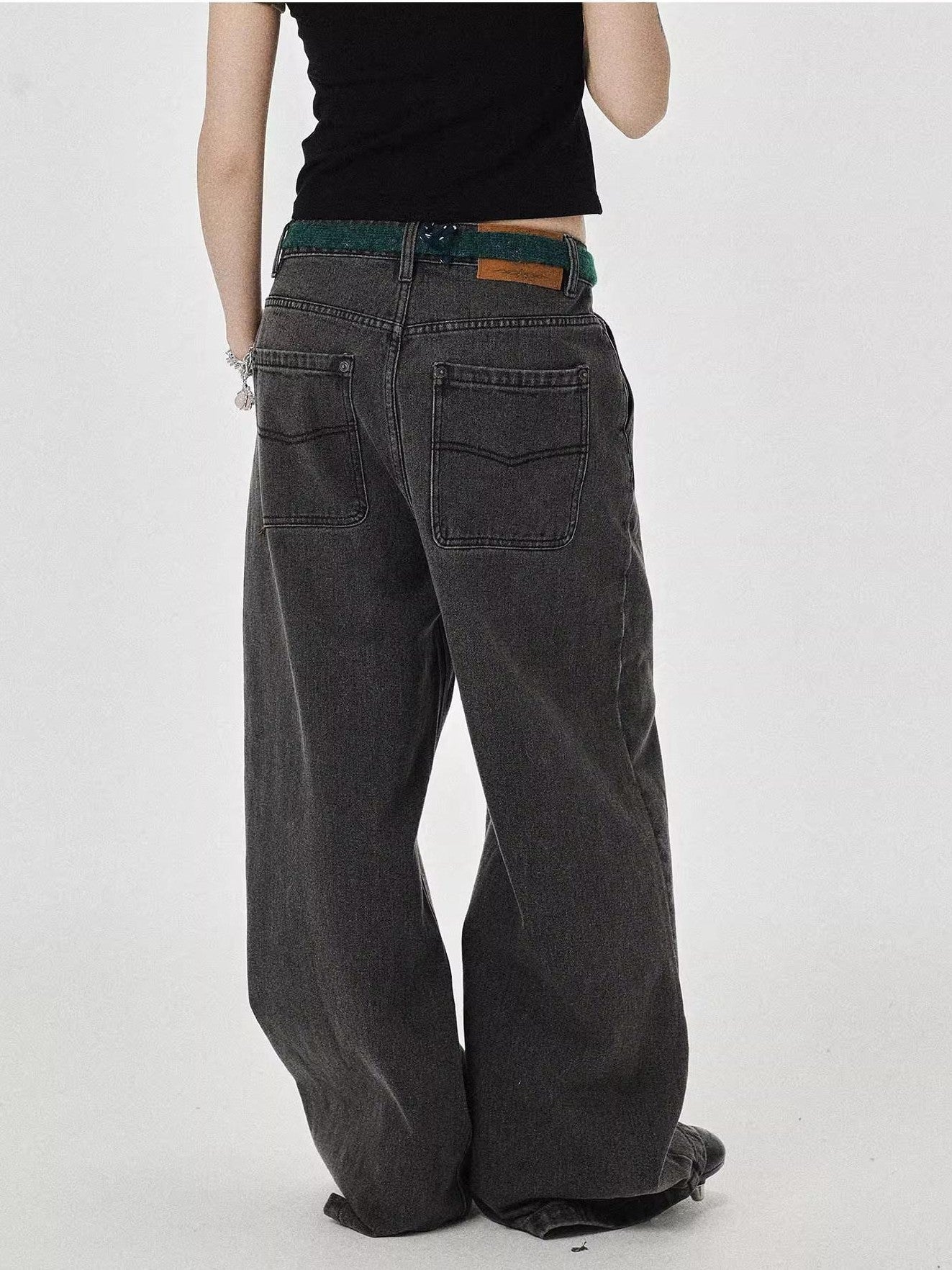 Achihara Washed Gray Distressed Floor Length Casual Women'S Denim Wide-Leg Jeans