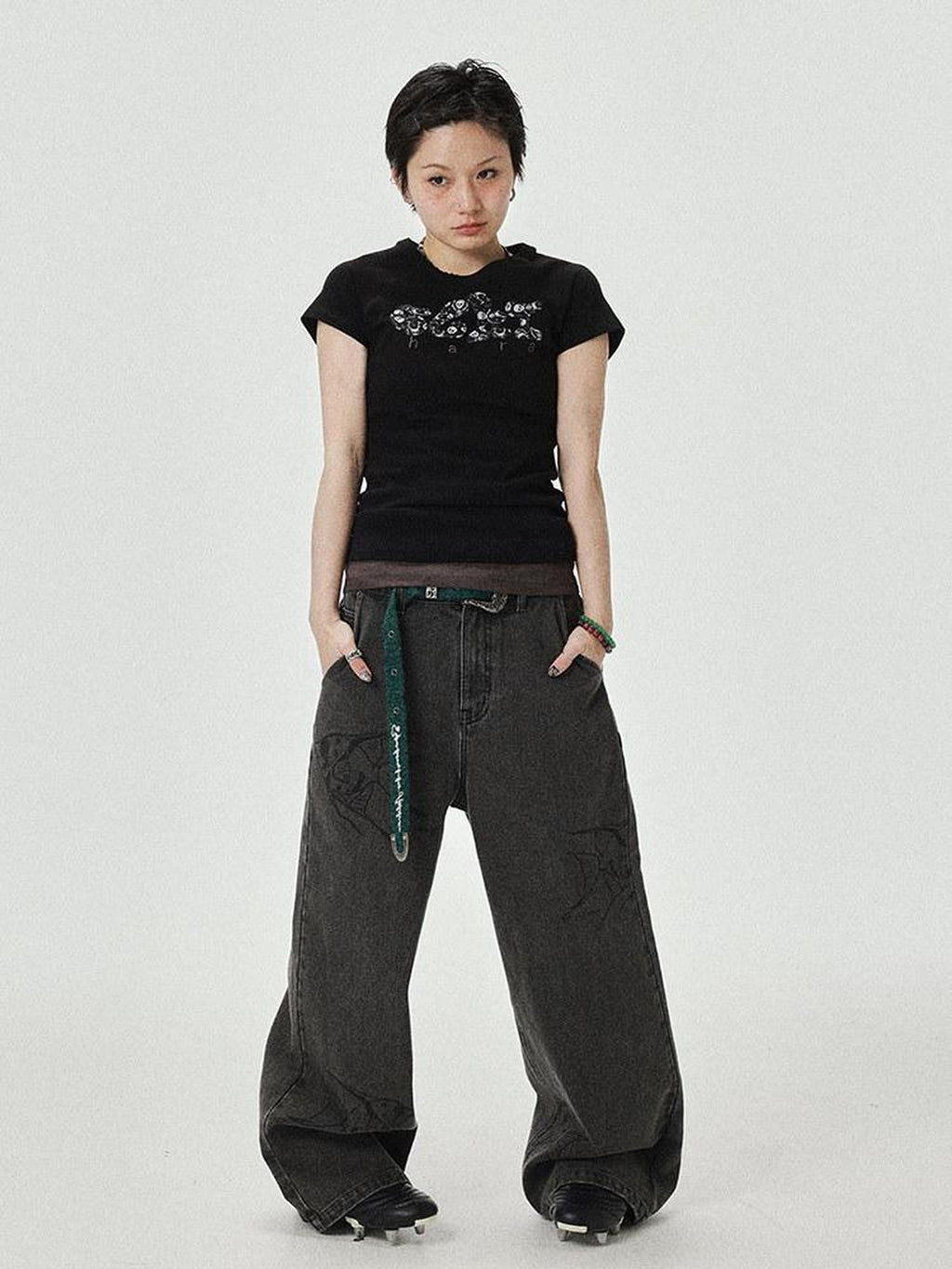 Achihara Washed Gray Distressed Floor Length Casual Women'S Denim Wide-Leg Jeans