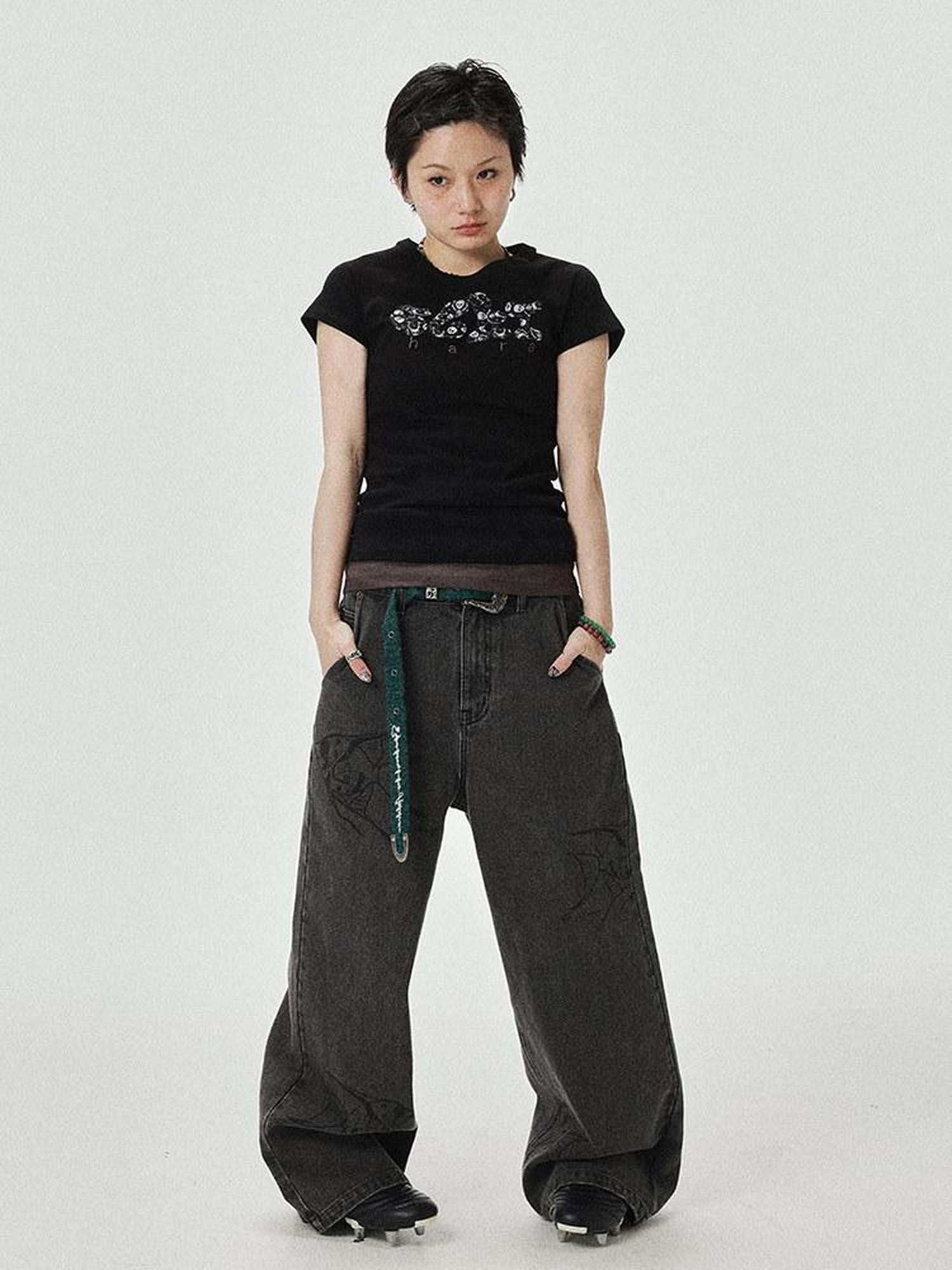 Achihara Washed Gray Distressed Floor Length Casual Women'S Denim Wide-Leg Jeans