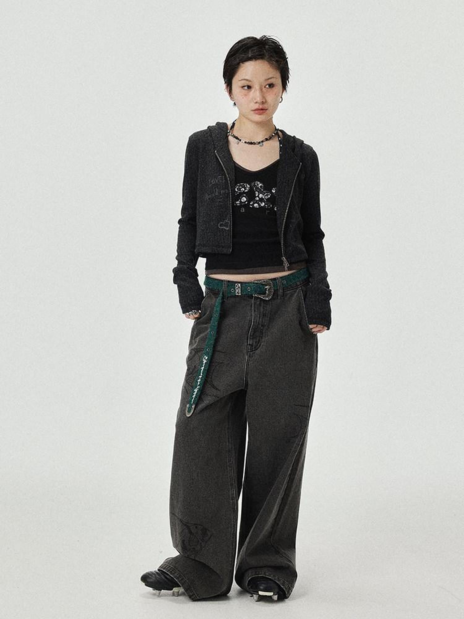 Achihara Washed Gray Distressed Floor Length Casual Women'S Denim Wide-Leg Jeans