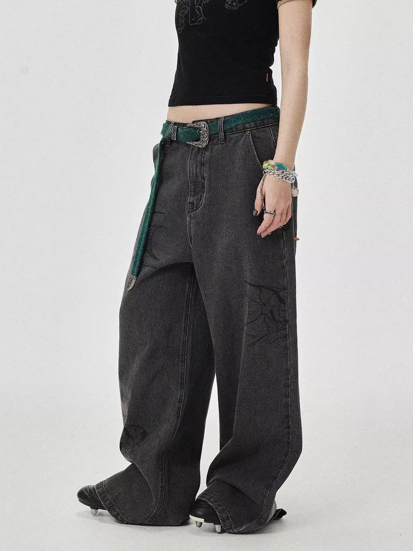 Achihara Washed Gray Distressed Floor Length Casual Women'S Denim Wide-Leg Jeans
