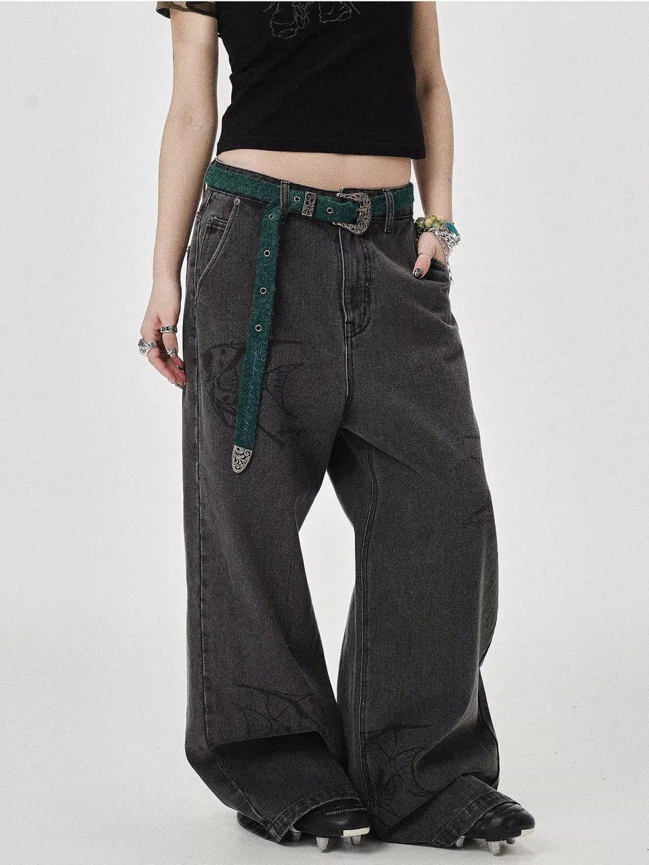 Achihara Washed Gray Distressed Floor Length Casual Women'S Denim Wide-Leg Jeans