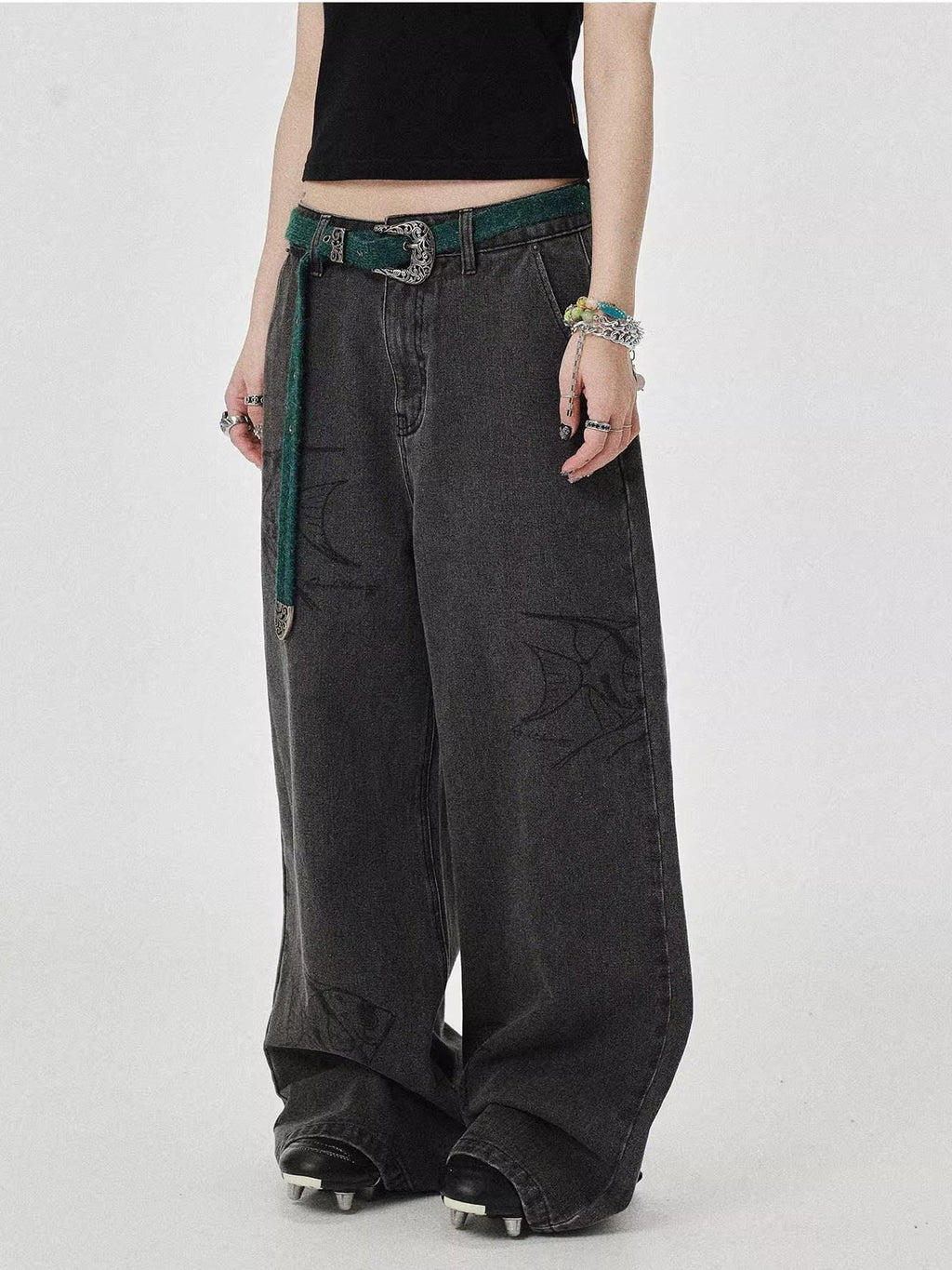 Achihara Washed Gray Distressed Floor Length Casual Women'S Denim Wide-Leg Jeans