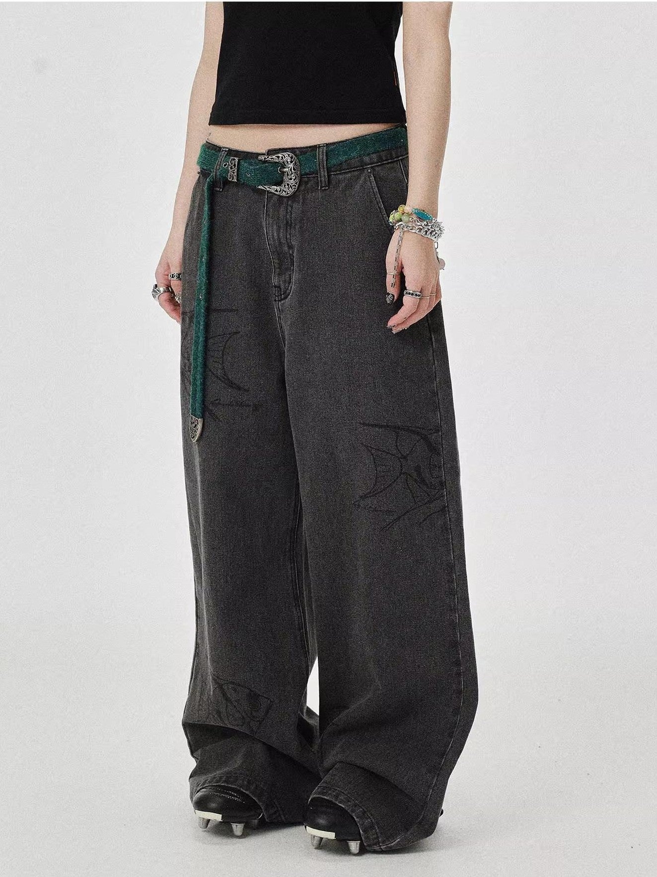 Achihara Washed Gray Distressed Floor Length Casual Women'S Denim Wide-Leg Jeans