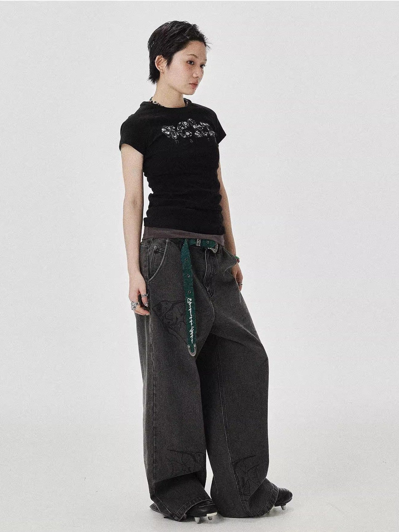 Achihara Washed Gray Distressed Floor Length Casual Women'S Denim Wide-Leg Jeans