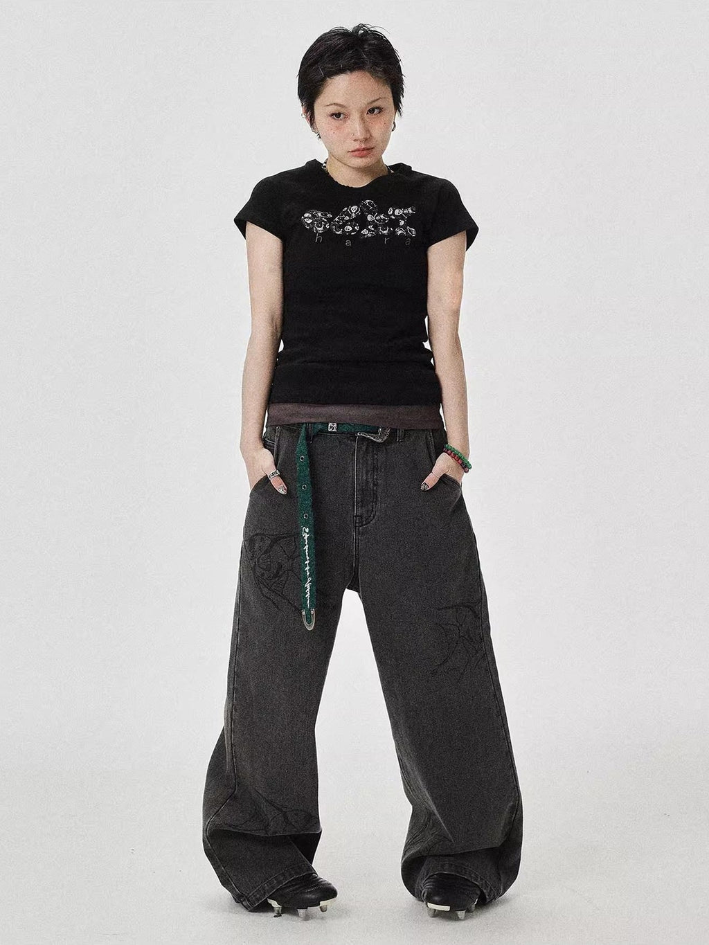 Achihara Washed Gray Distressed Floor Length Casual Women'S Denim Wide-Leg Jeans