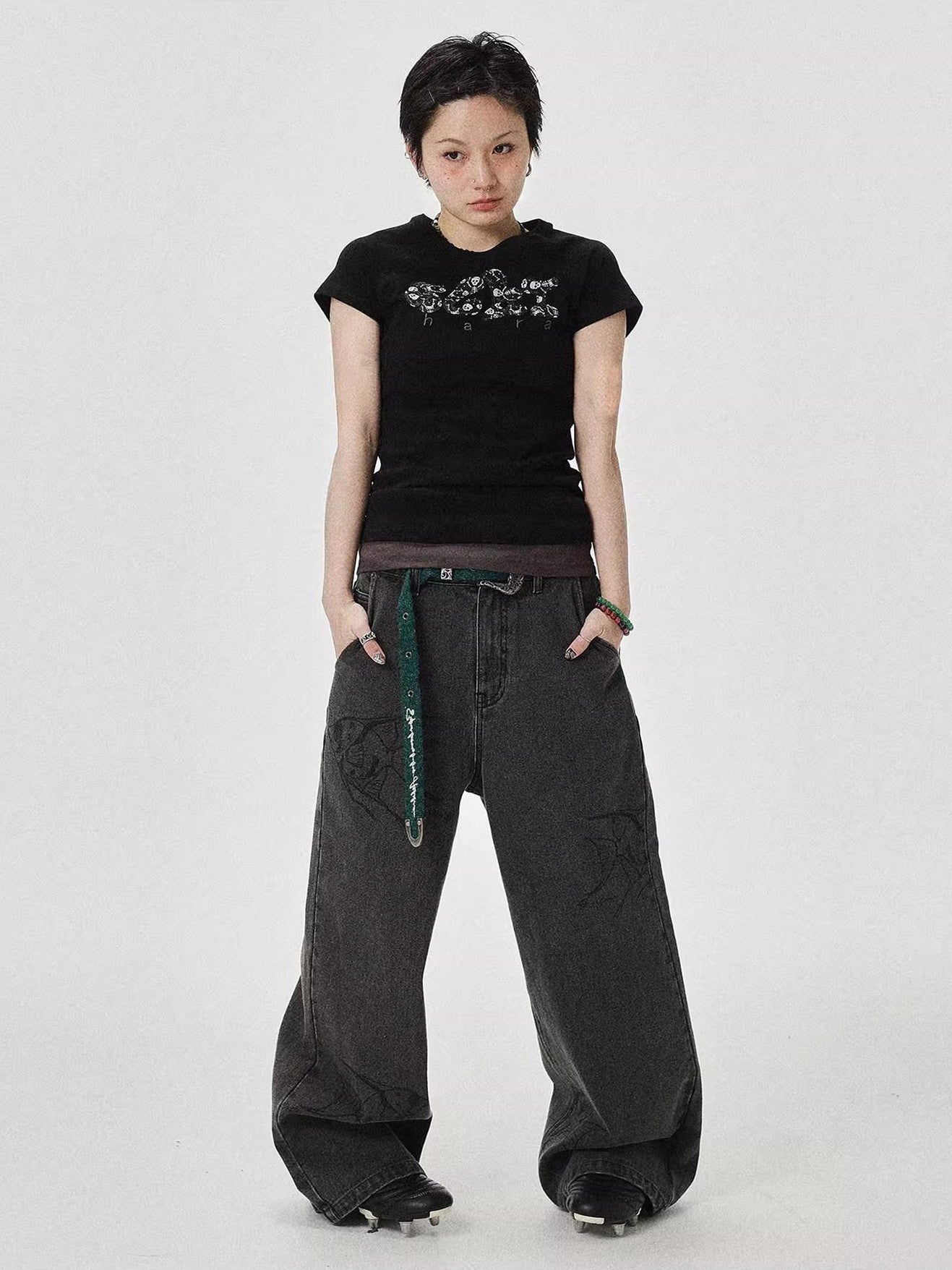 Achihara Washed Gray Distressed Floor Length Casual Women'S Denim Wide-Leg Jeans