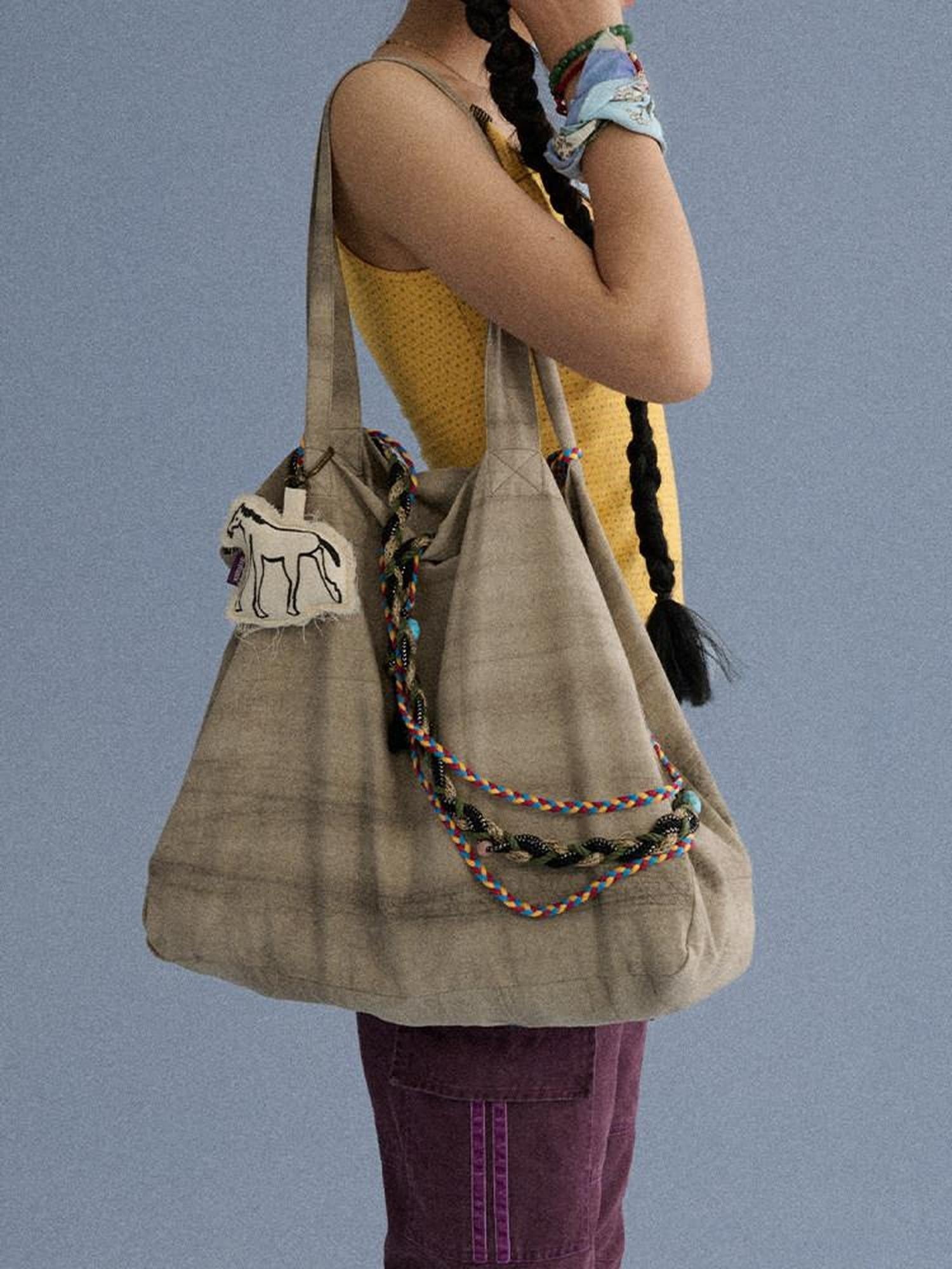 Achihara White Brown Pleated Tote Single Strap Multiway Women'S Linen Handbags