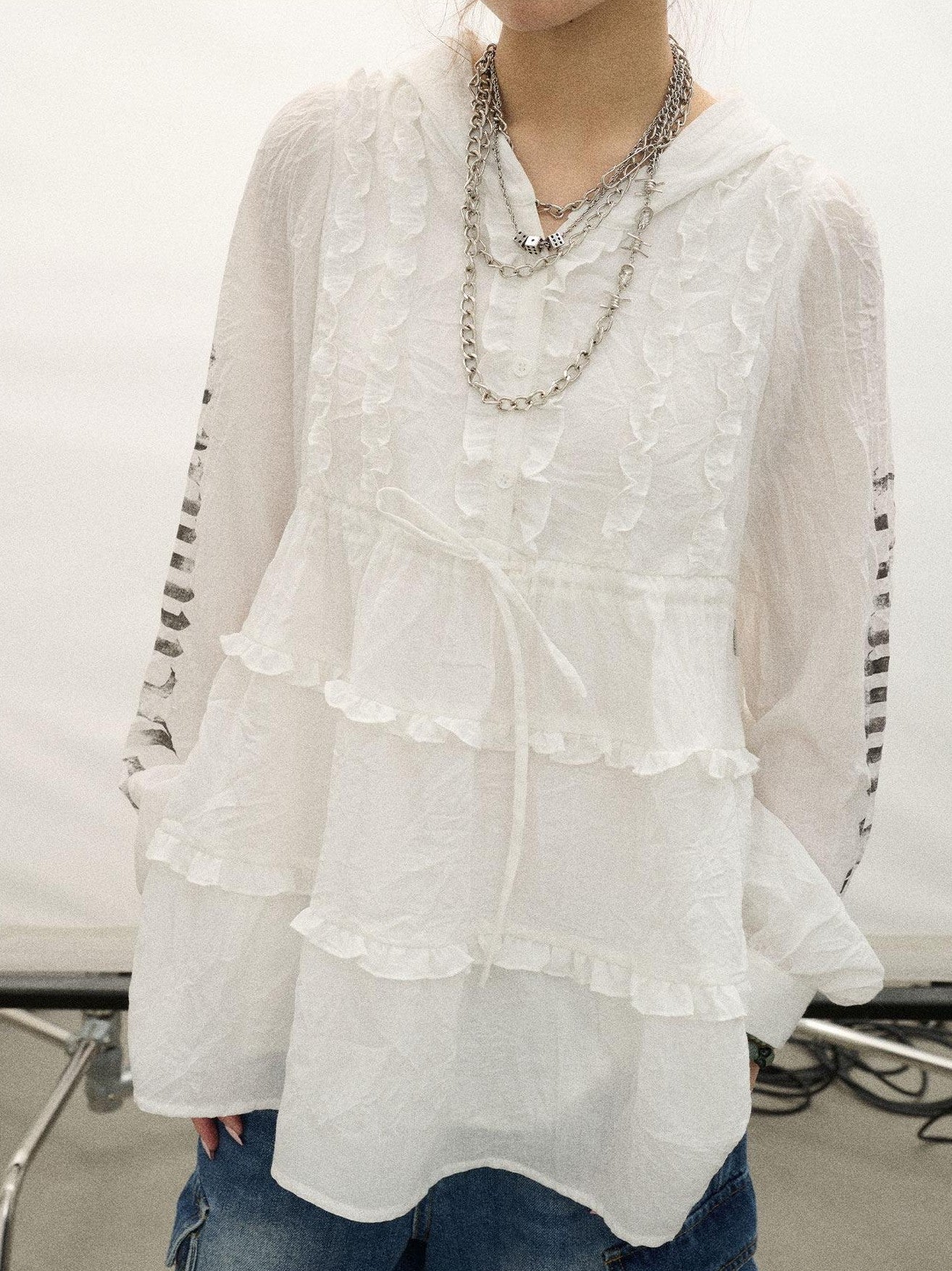 Achihara White Crinkle Long Sleeve Uv Women'S Poly Cotton Casual Mini Dresses