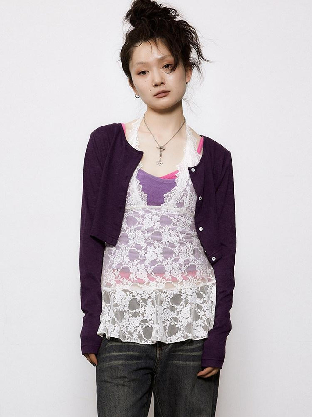 Achihara White Lace Halter Neck Street Style Women'S Other Fabric Camisoles