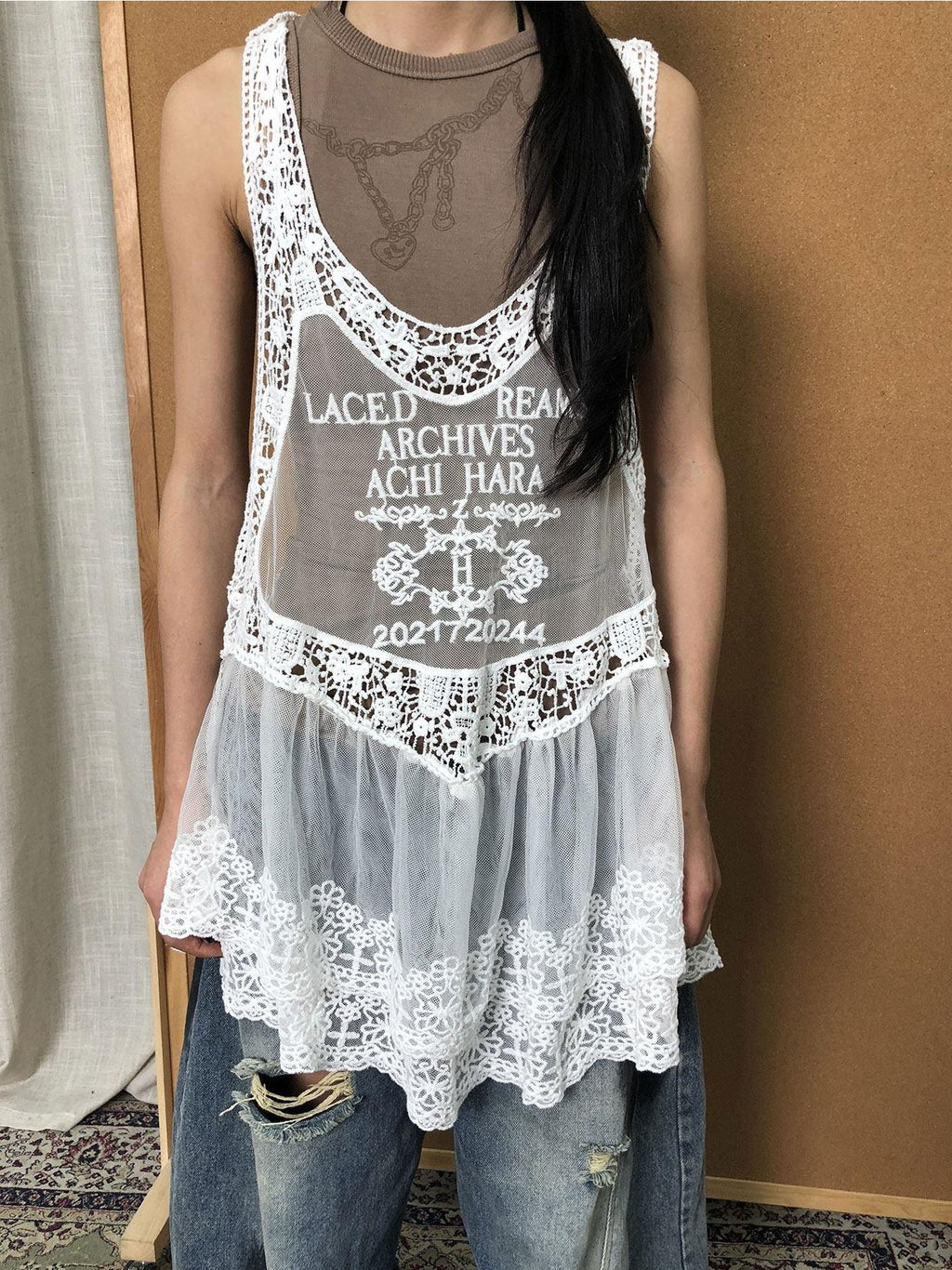 Achihara White Lace Spaghetti Strap Layering Women'S Cotton Casual Mini Dresses