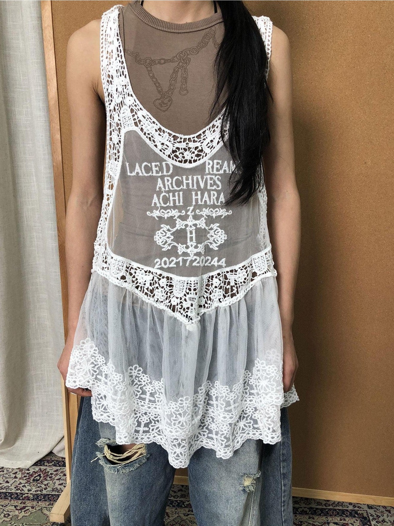 Achihara White Lace Spaghetti Strap Layering Women'S Cotton Casual Mini Dresses