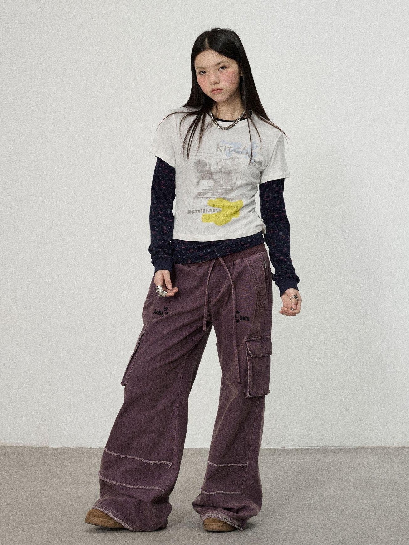 Achihara White Navy Floral Two Piece Women'S Cotton Long Sleeve T-Shirts