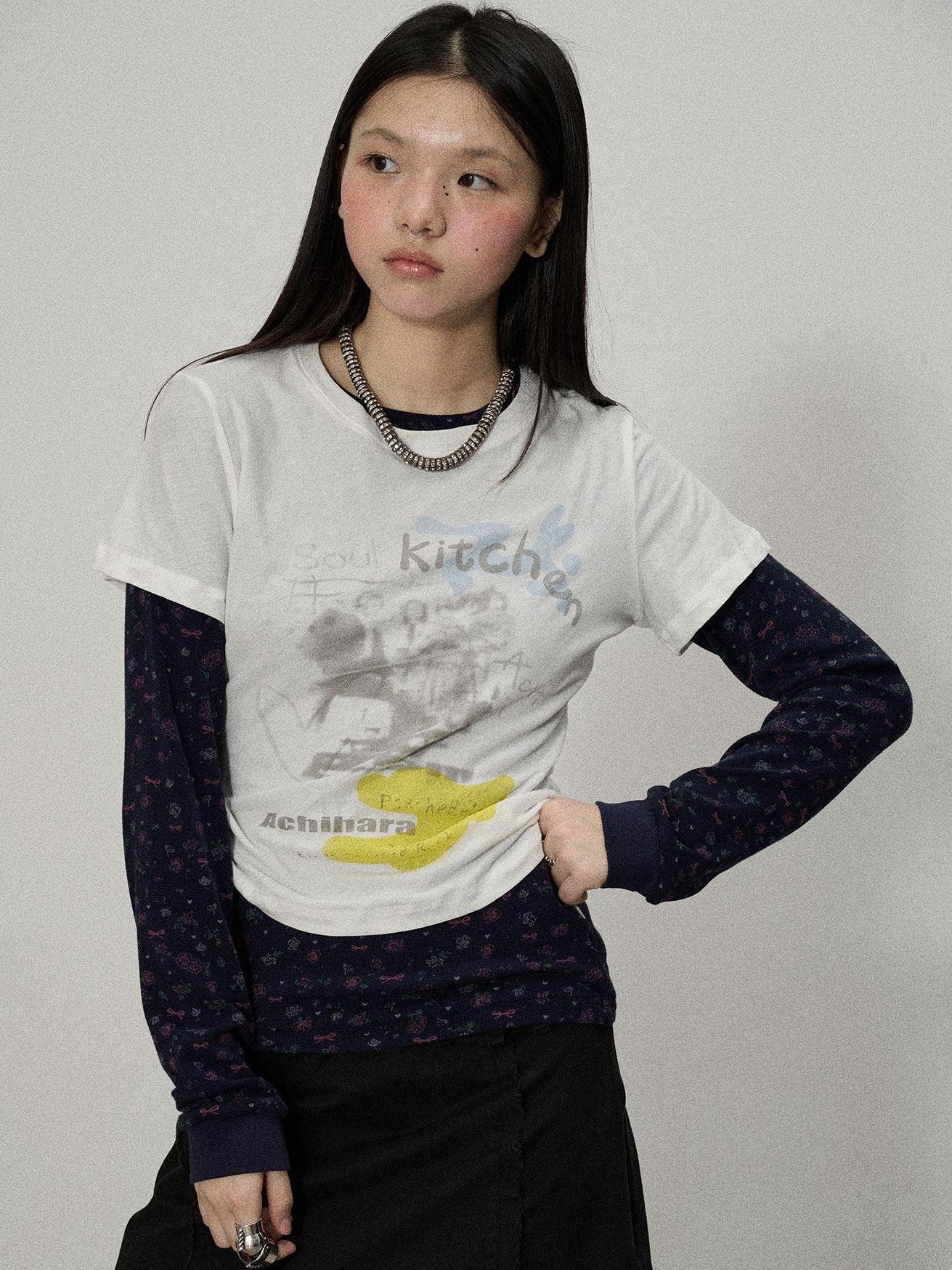 Achihara White Navy Floral Two Piece Women'S Cotton Long Sleeve T-Shirts