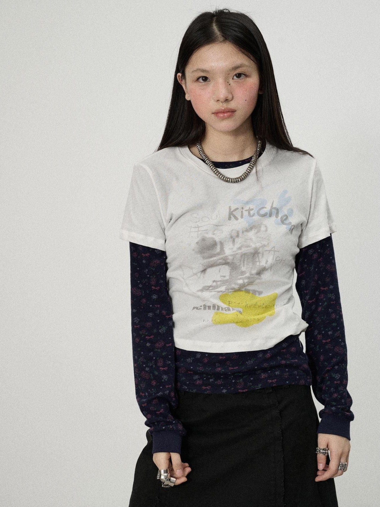 Achihara White Navy Floral Two Piece Women'S Cotton Long Sleeve T-Shirts