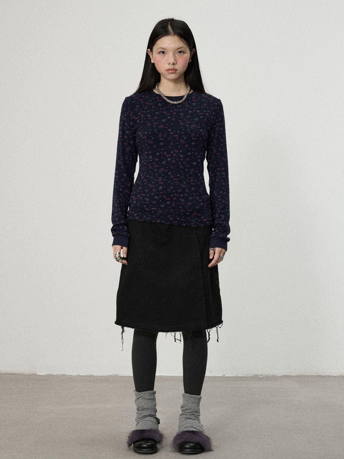 Achihara White Navy Floral Two Piece Women'S Cotton Long Sleeve T-Shirts