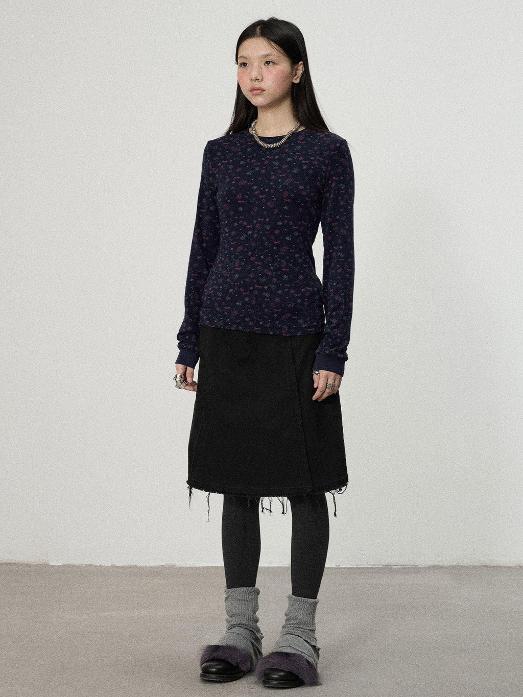 Achihara White Navy Floral Two Piece Women'S Cotton Long Sleeve T-Shirts