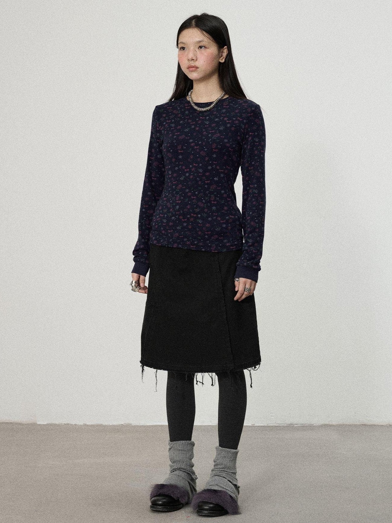 Achihara White Navy Floral Two Piece Women'S Cotton Long Sleeve T-Shirts