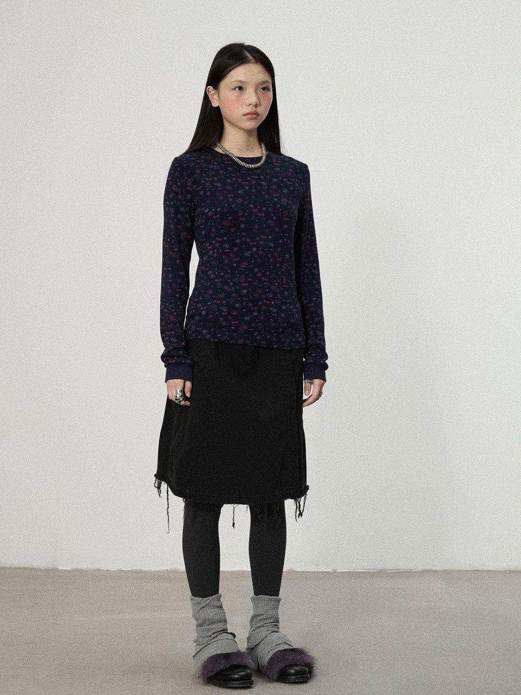 Achihara White Navy Floral Two Piece Women'S Cotton Long Sleeve T-Shirts