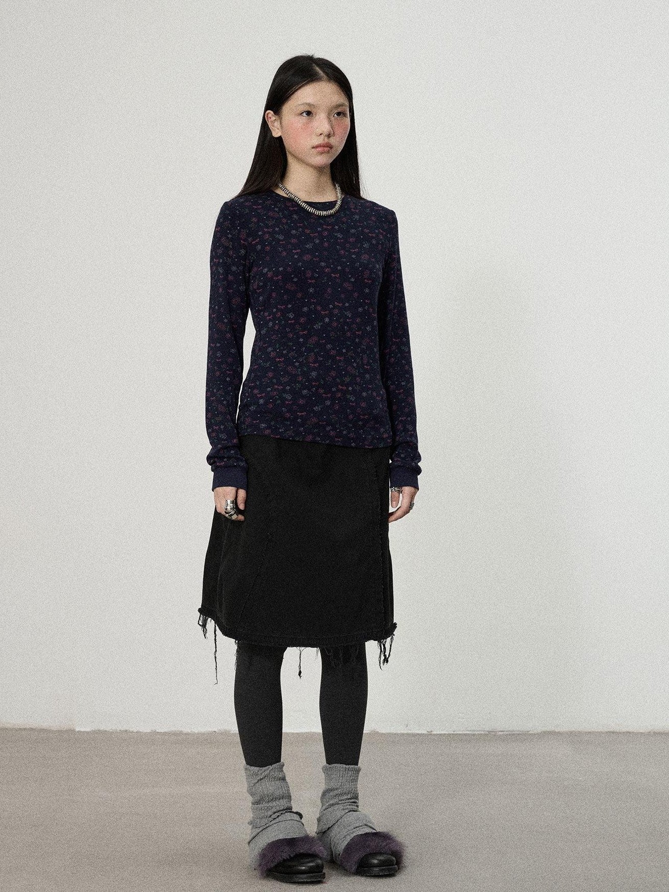 Achihara White Navy Floral Two Piece Women'S Cotton Long Sleeve T-Shirts