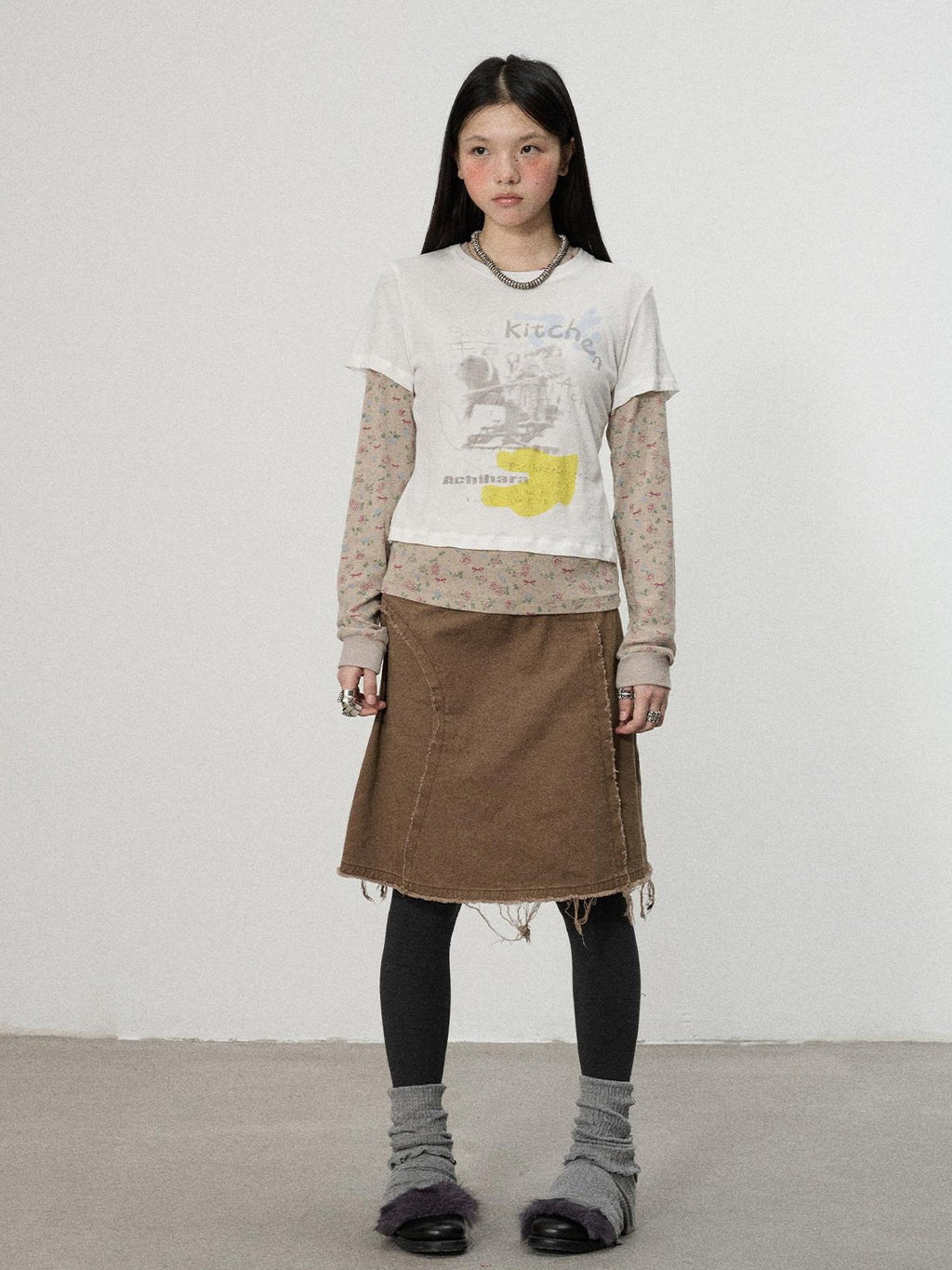 Achihara White Navy Floral Two Piece Women'S Cotton Long Sleeve T-Shirts