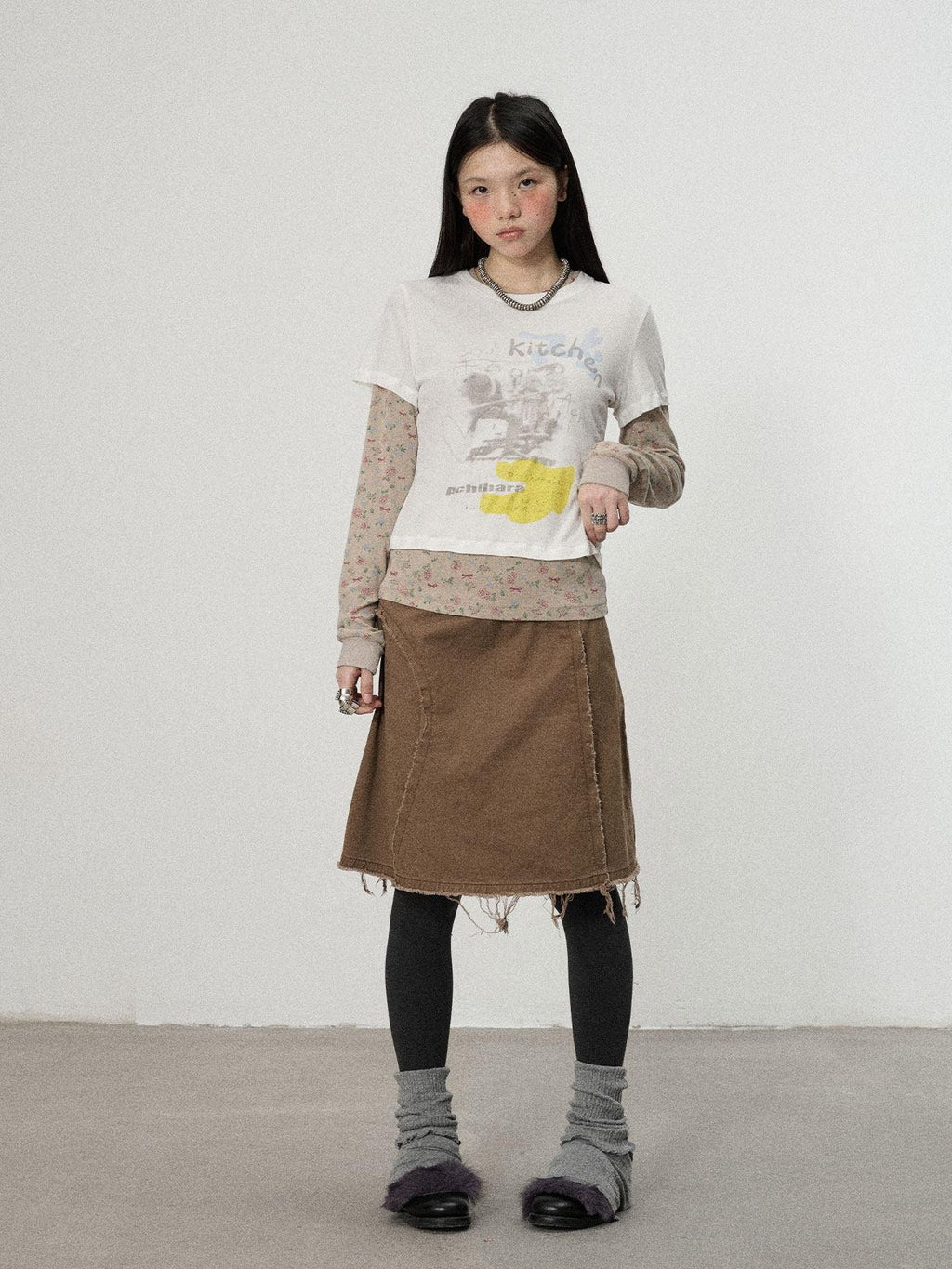 Achihara White Navy Floral Two Piece Women'S Cotton Long Sleeve T-Shirts