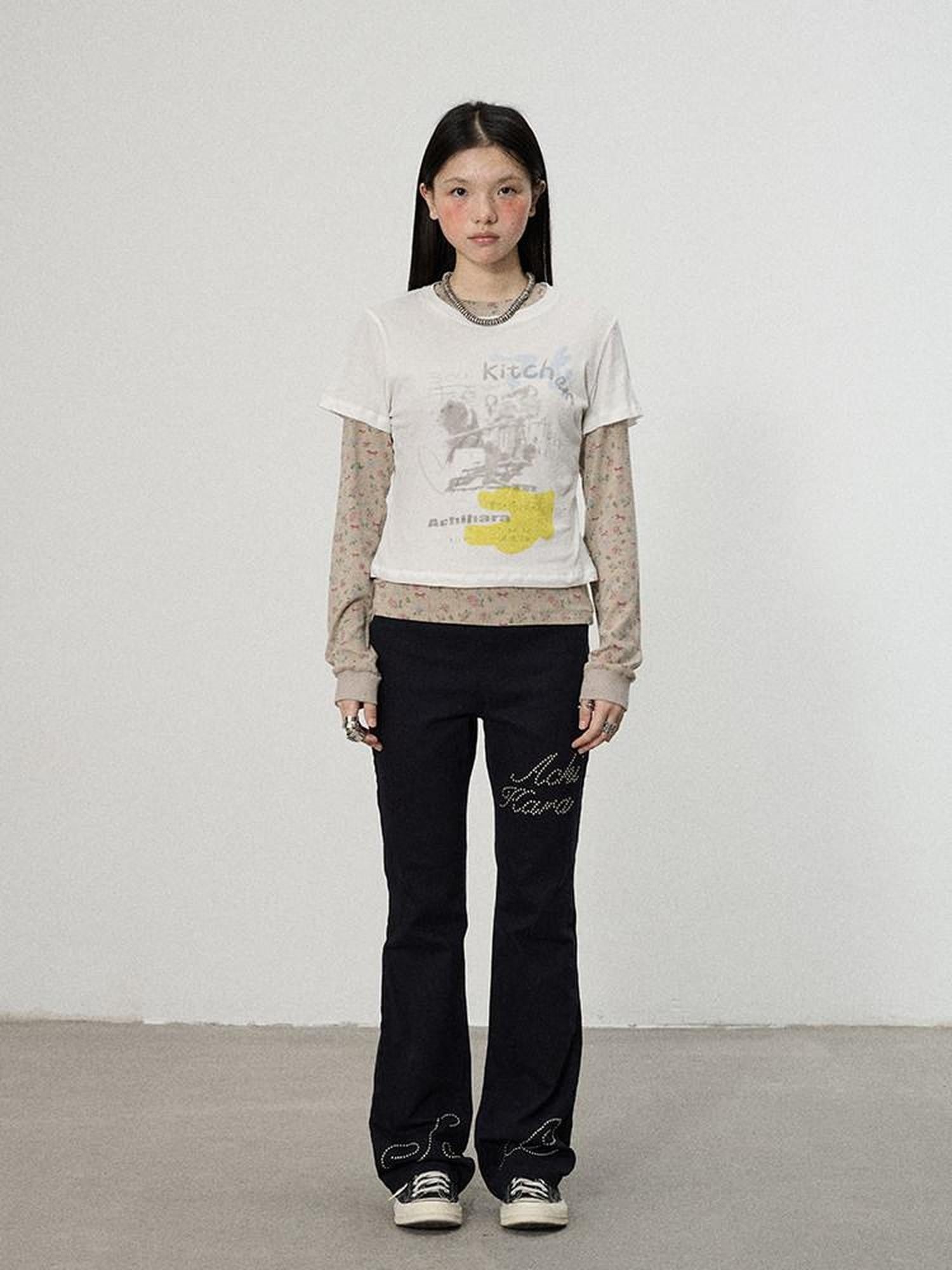 Achihara White Navy Floral Two Piece Women'S Cotton Long Sleeve T-Shirts