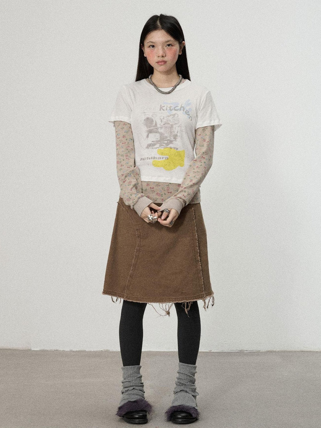 Achihara White Navy Floral Two Piece Women'S Cotton Long Sleeve T-Shirts