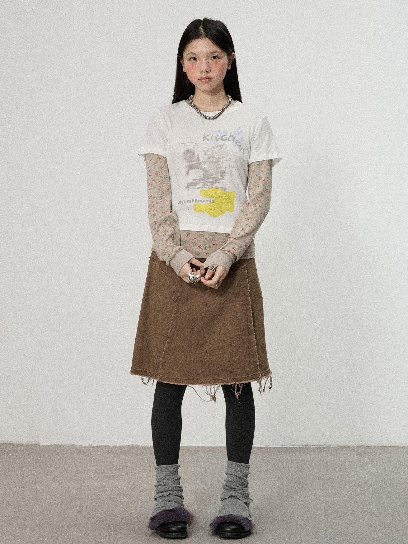 Achihara White Navy Floral Two Piece Women'S Cotton Long Sleeve T-Shirts