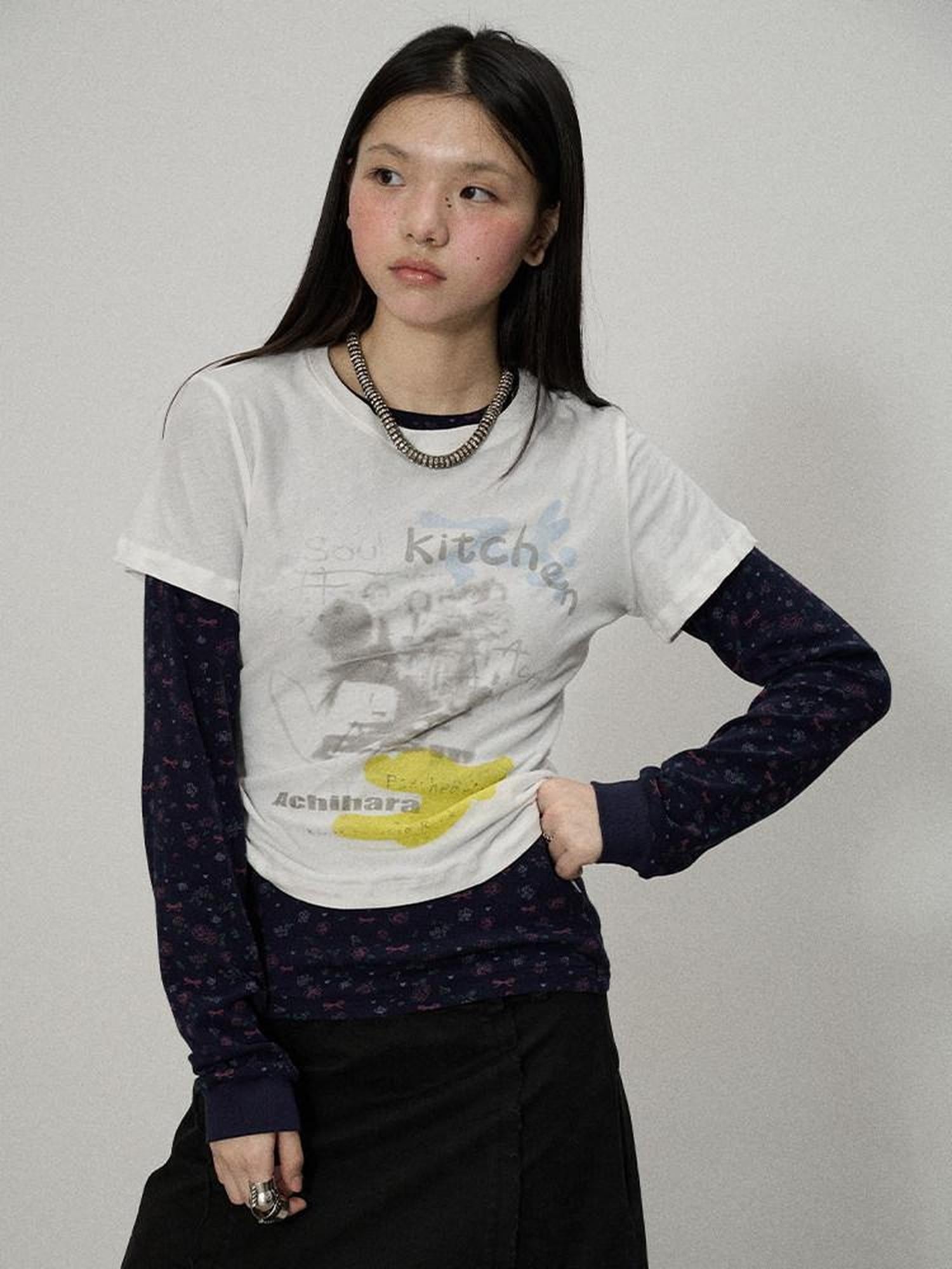 Achihara White Navy Floral Two Piece Women'S Cotton Long Sleeve T-Shirts