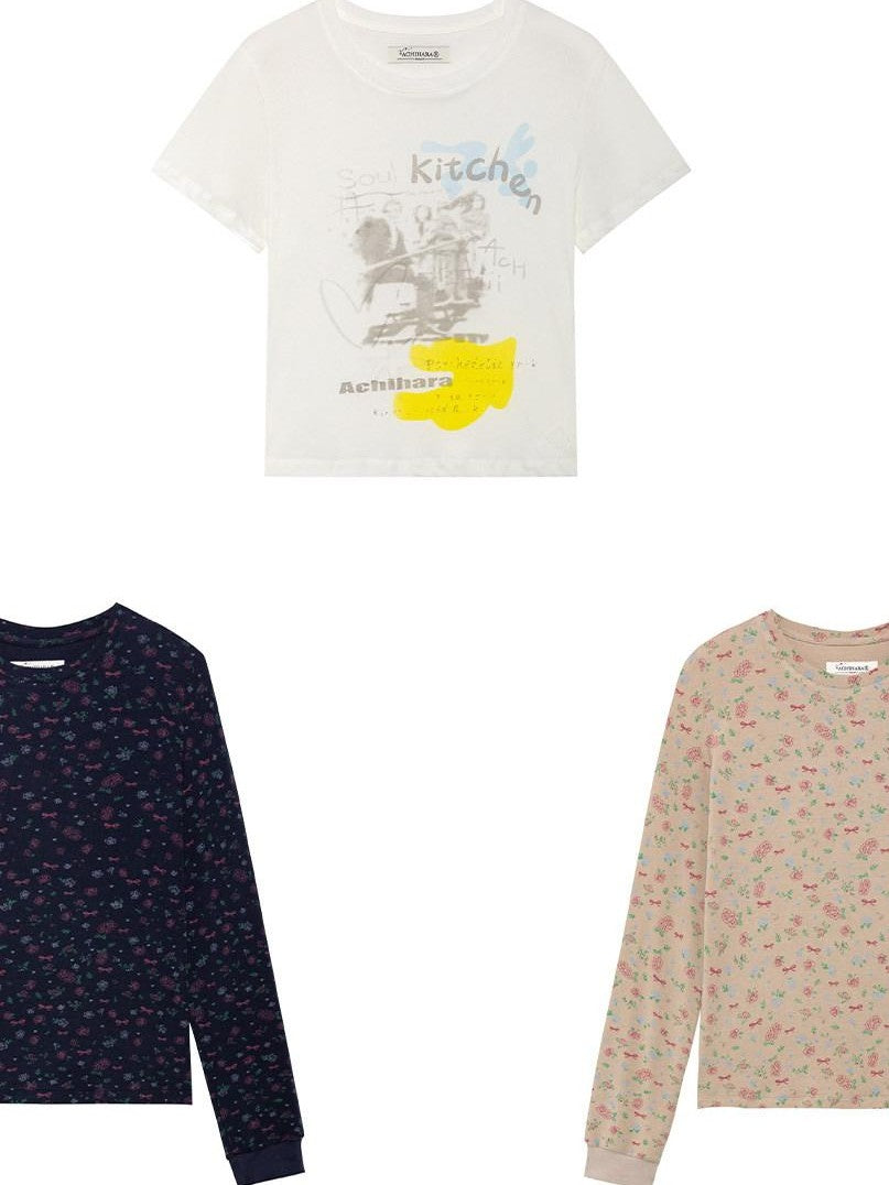 Achihara White Navy Floral Two Piece Women'S Cotton Long Sleeve T-Shirts
