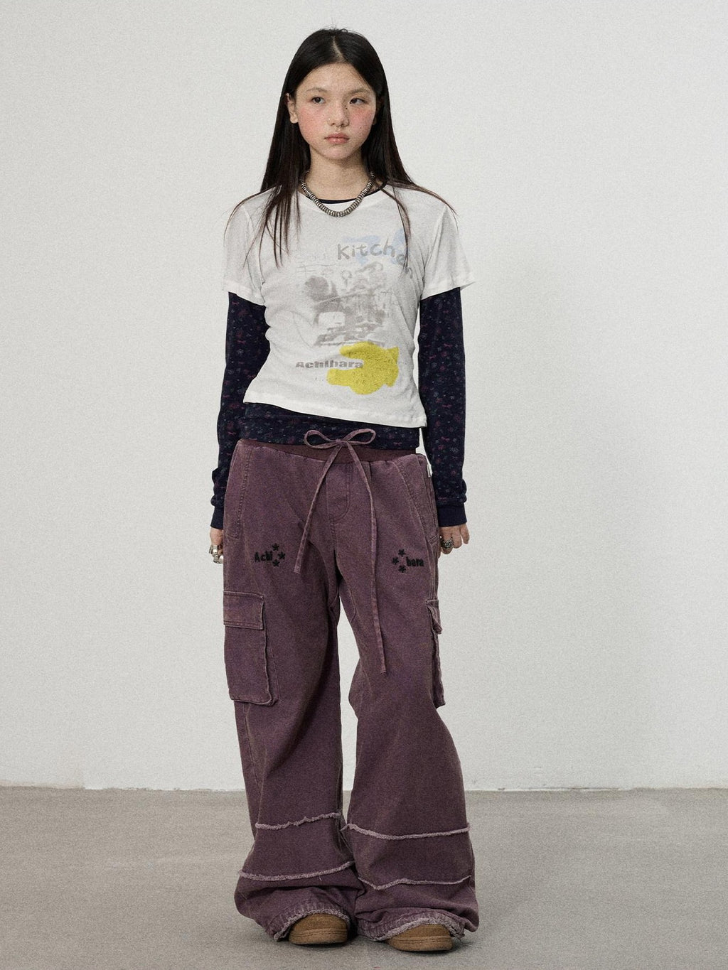 Achihara White Navy Floral Two Piece Women'S Cotton Long Sleeve T-Shirts