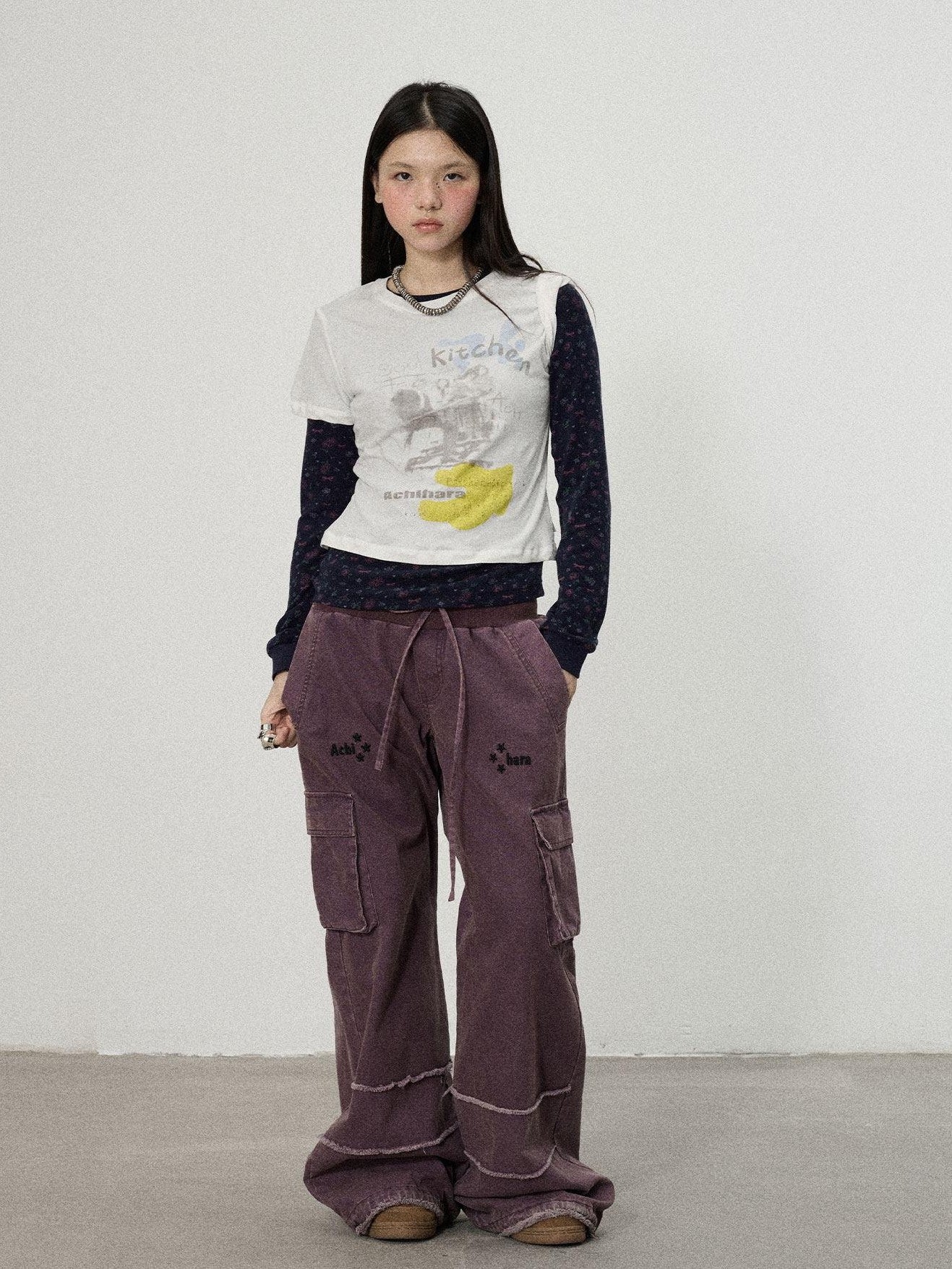 Achihara White Navy Floral Two Piece Women'S Cotton Long Sleeve T-Shirts