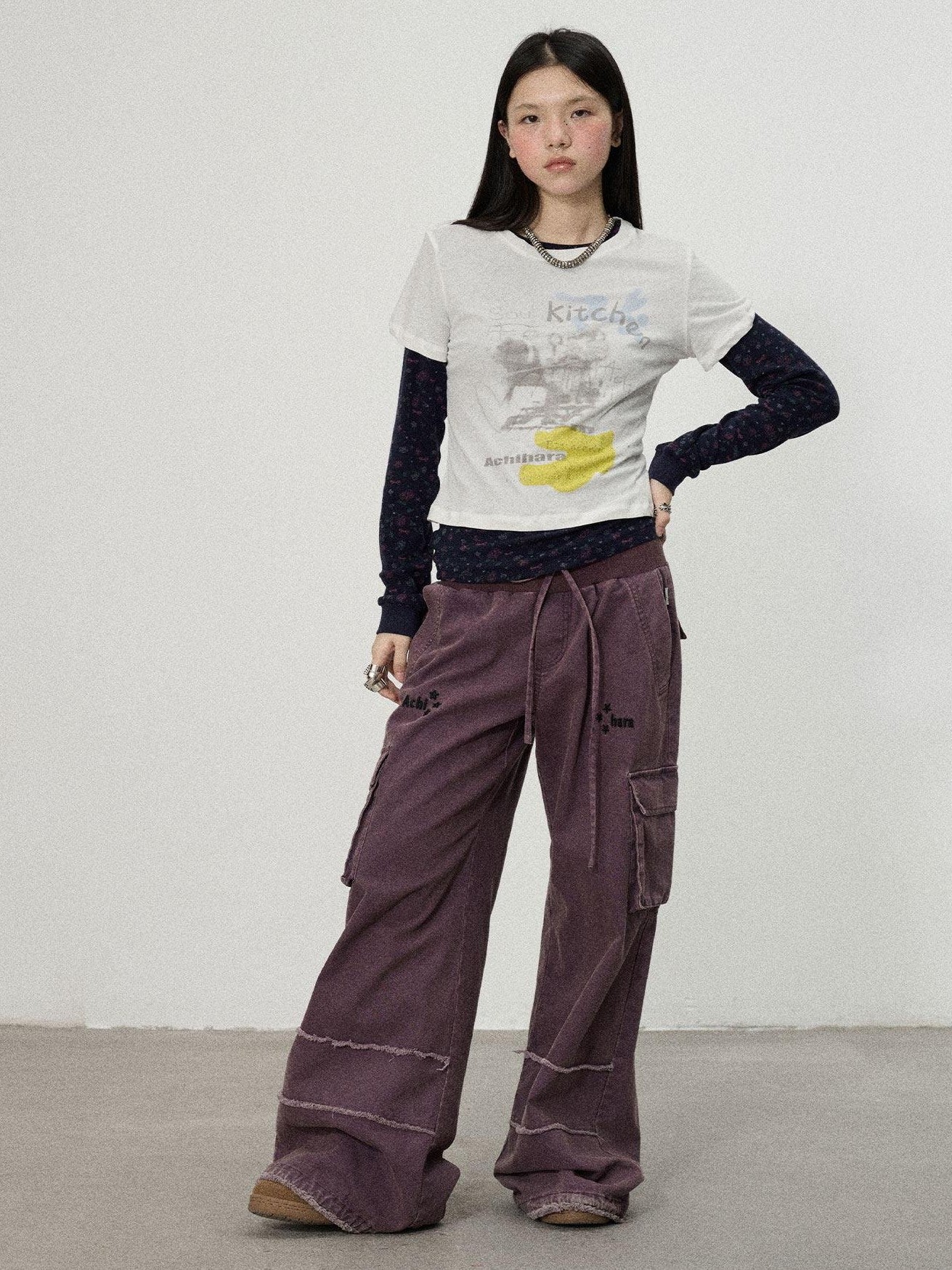 Achihara White Navy Floral Two Piece Women'S Cotton Long Sleeve T-Shirts