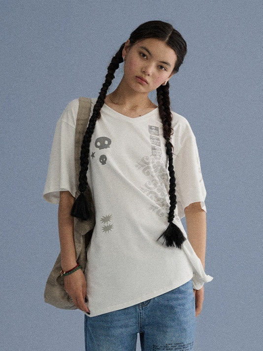 Achihara_White_Skull_Print_V-neck_Loose_Women'S_Cotton_Short_Sleeve_T-Shirts_MISSTT