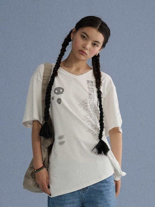 Achihara_White_Skull_Print_V-neck_Loose_Women'S_Cotton_Short_Sleeve_T-Shirts_MISSTT